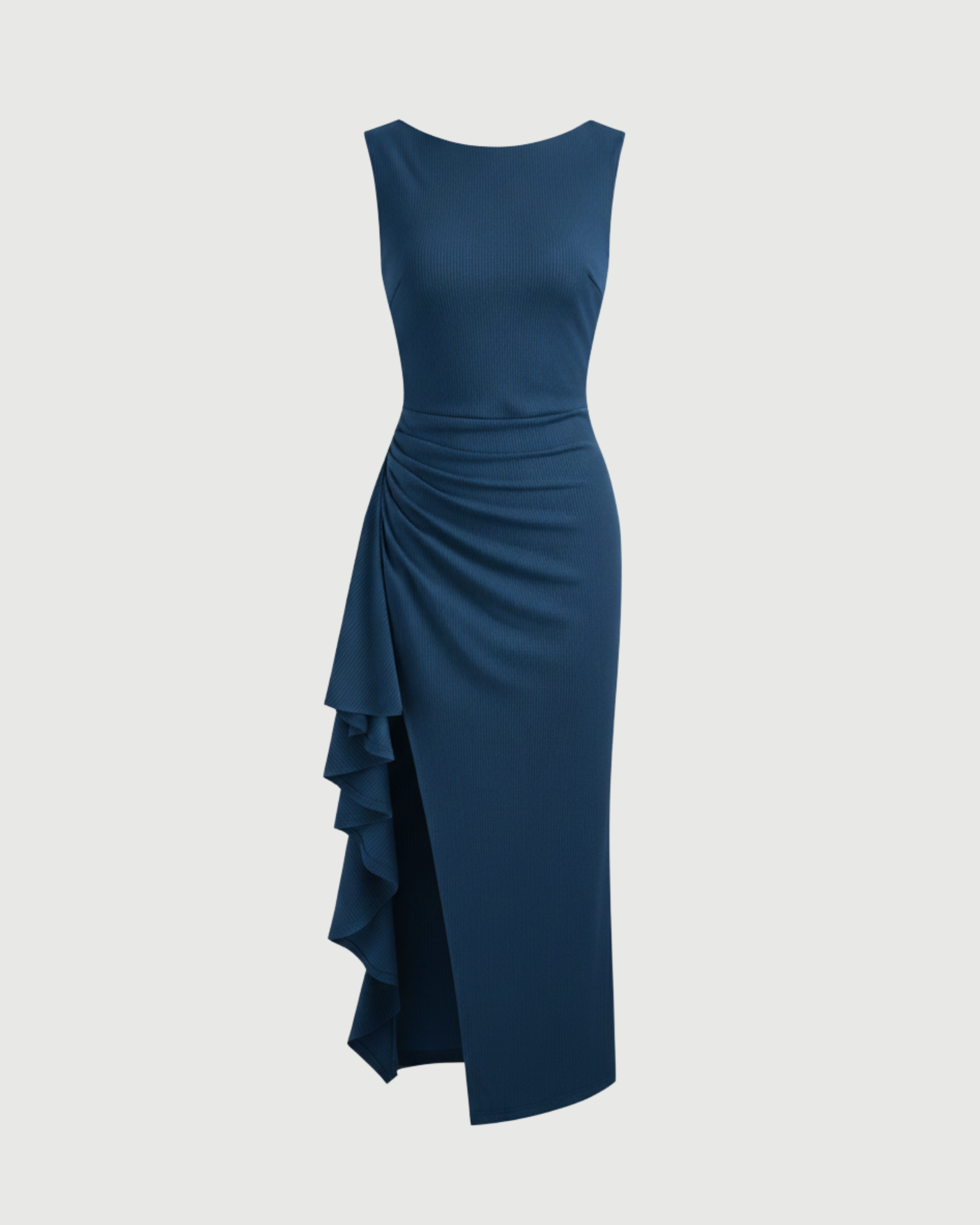 Elegance Backless Boat Neck Ruffle Split Maxi-Blue