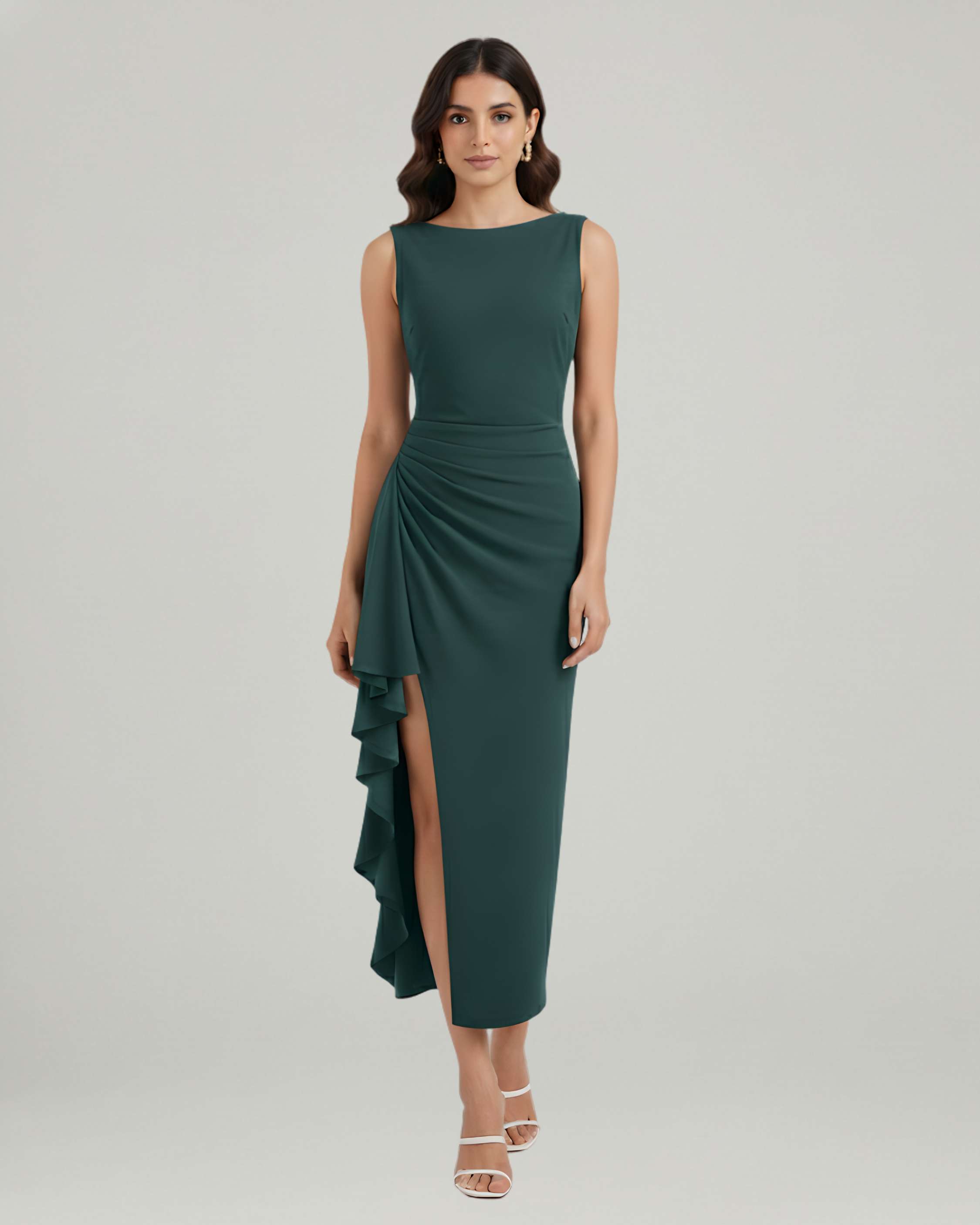 Elegance Backless Boat Neck Ruffle Split Maxi-Dark Green