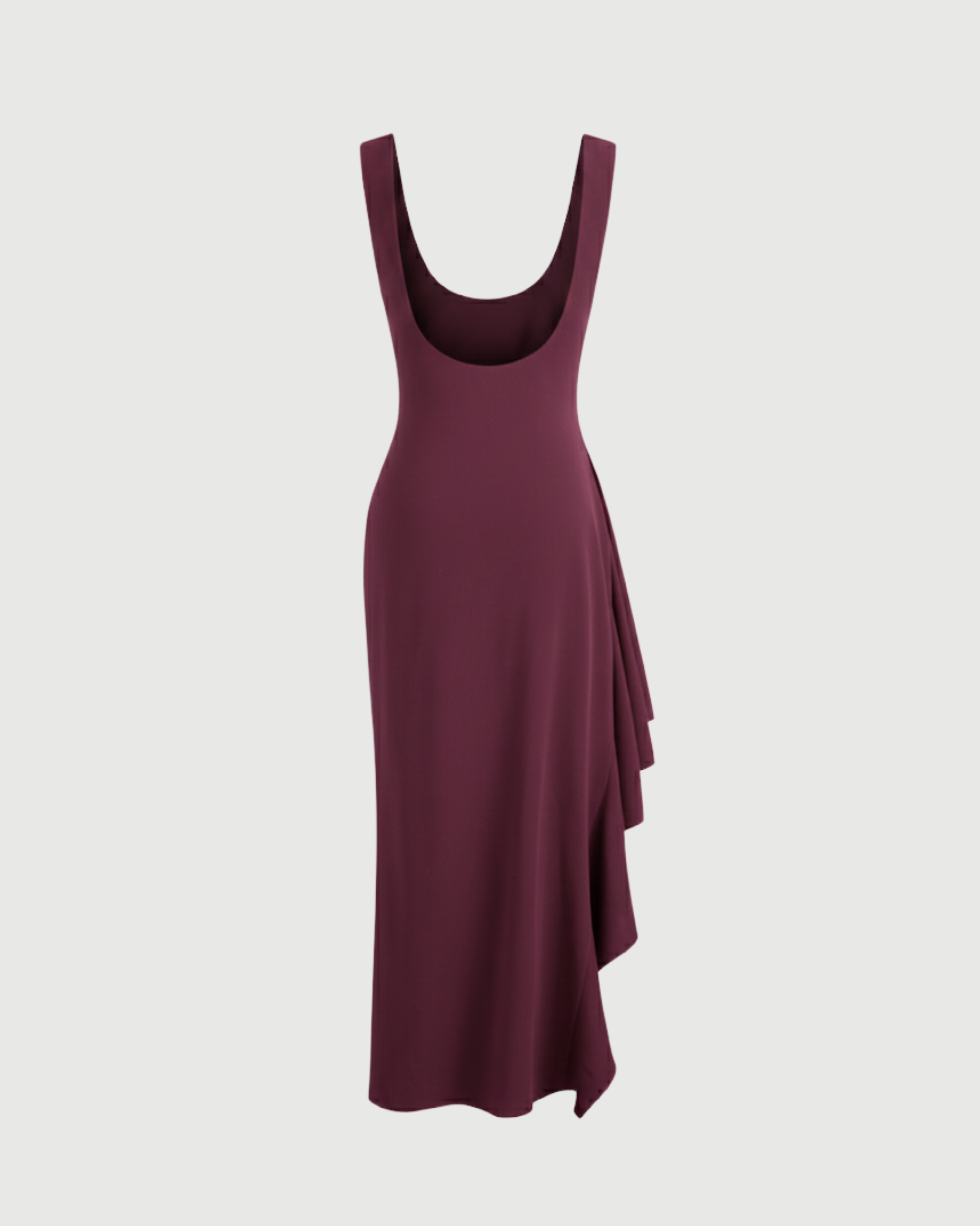 Elegance Backless Boat Neck Ruffle Split Maxi-Maroon