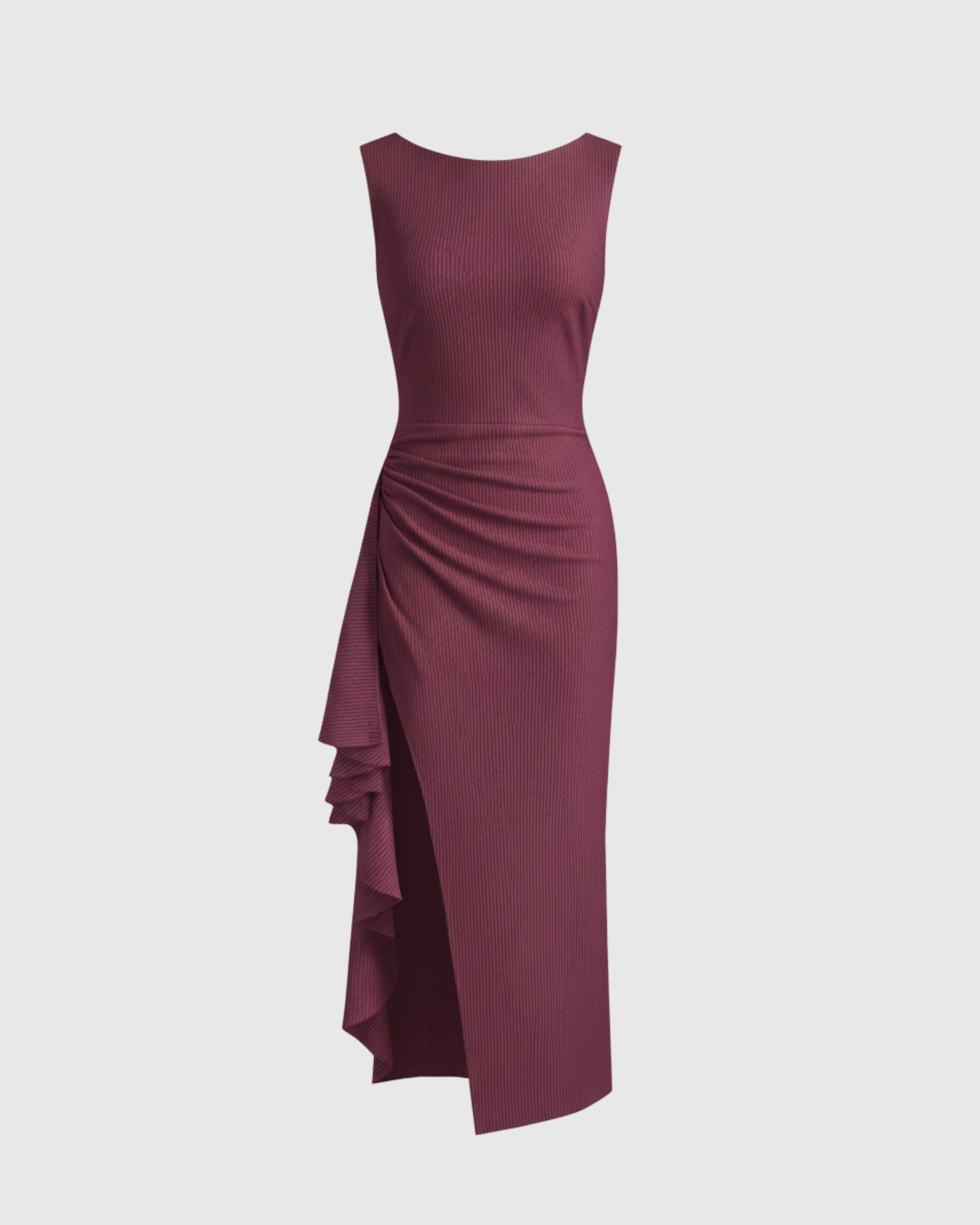 Elegance Backless Boat Neck Ruffle Split Maxi-Maroon