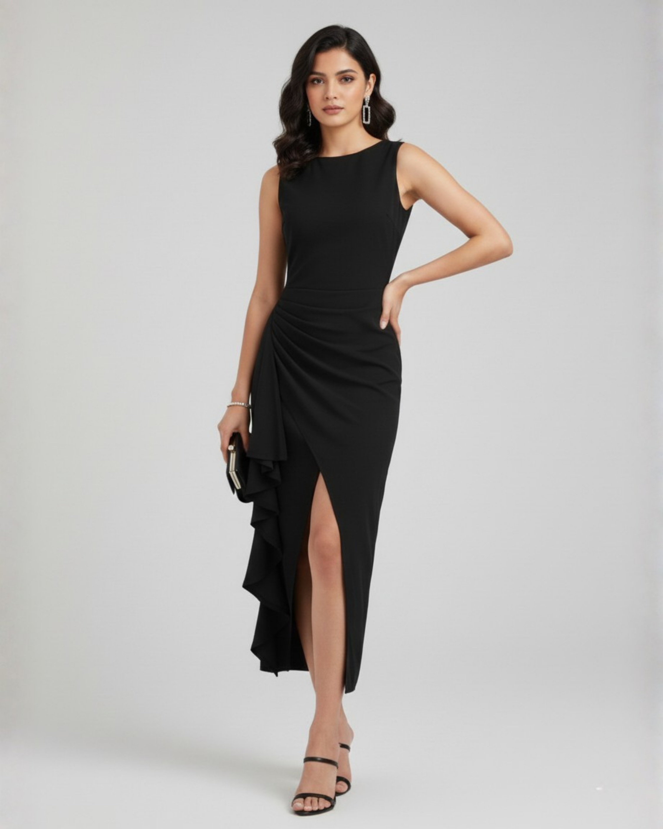 Elegance Backless Boat Neck Ruffle Split Maxi - Black