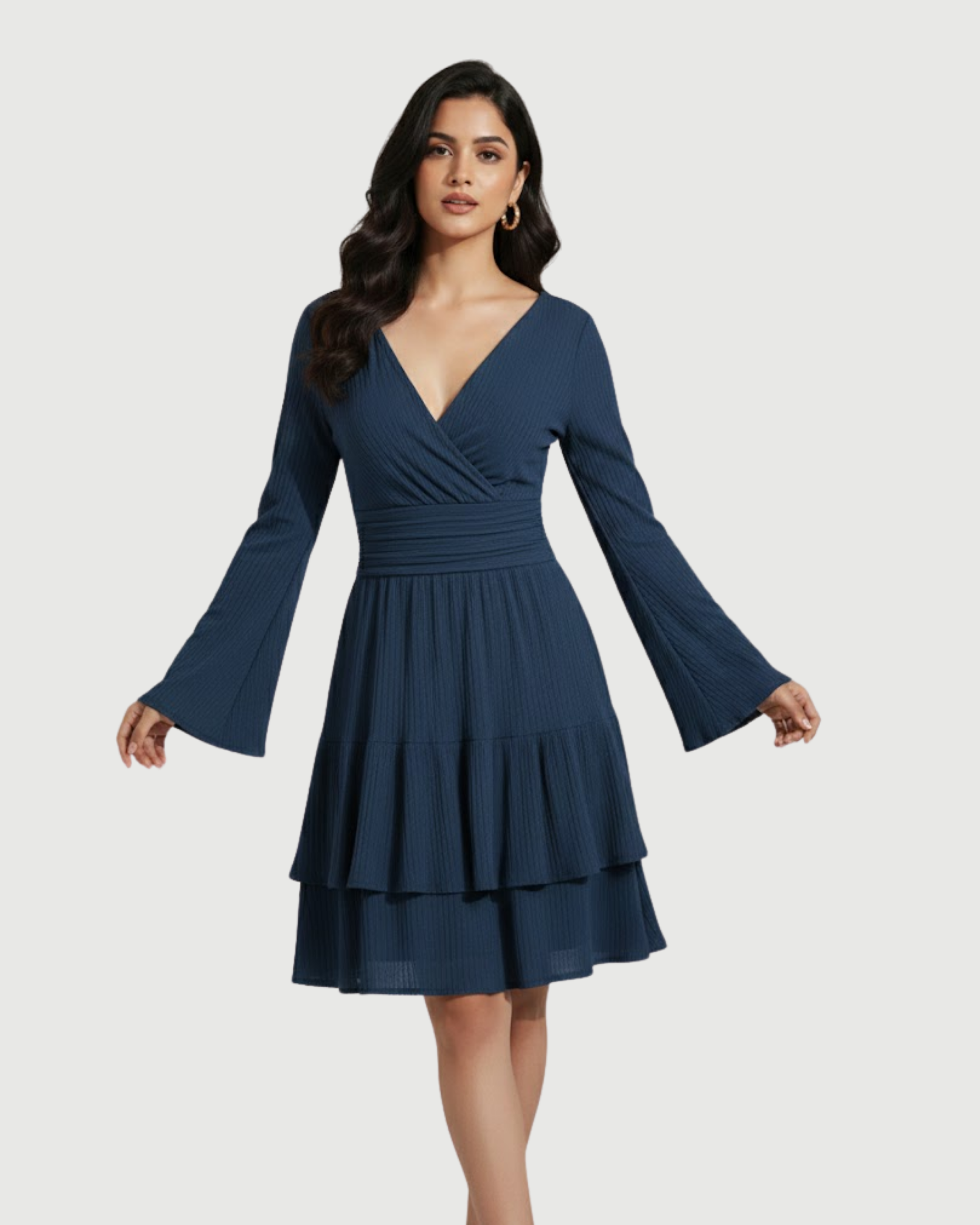 Flirty V-Neck Layered Ruffle Mini Dress-Blue
