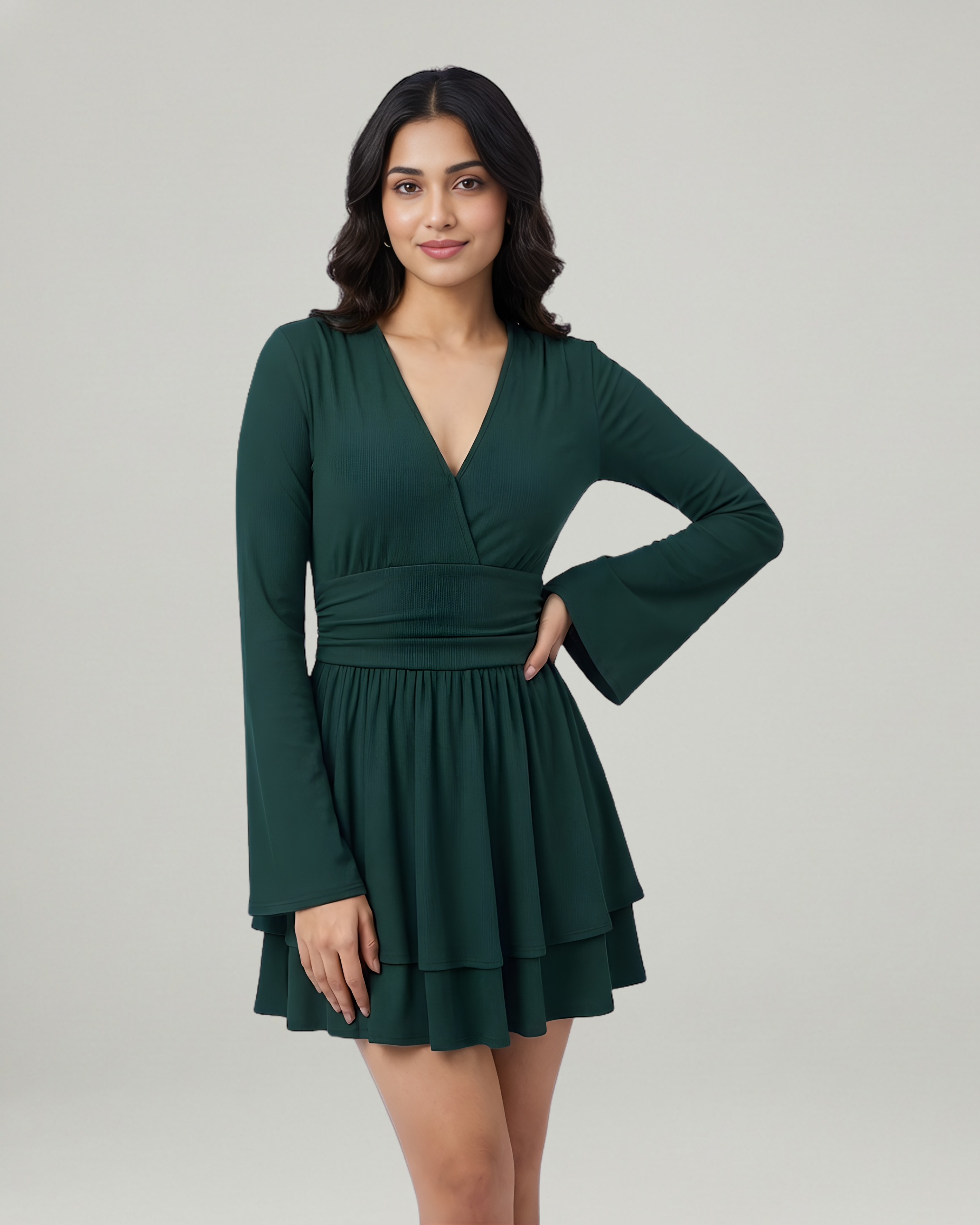 Flirty V-Neck Layered Ruffle Mini Dress-Dark Green