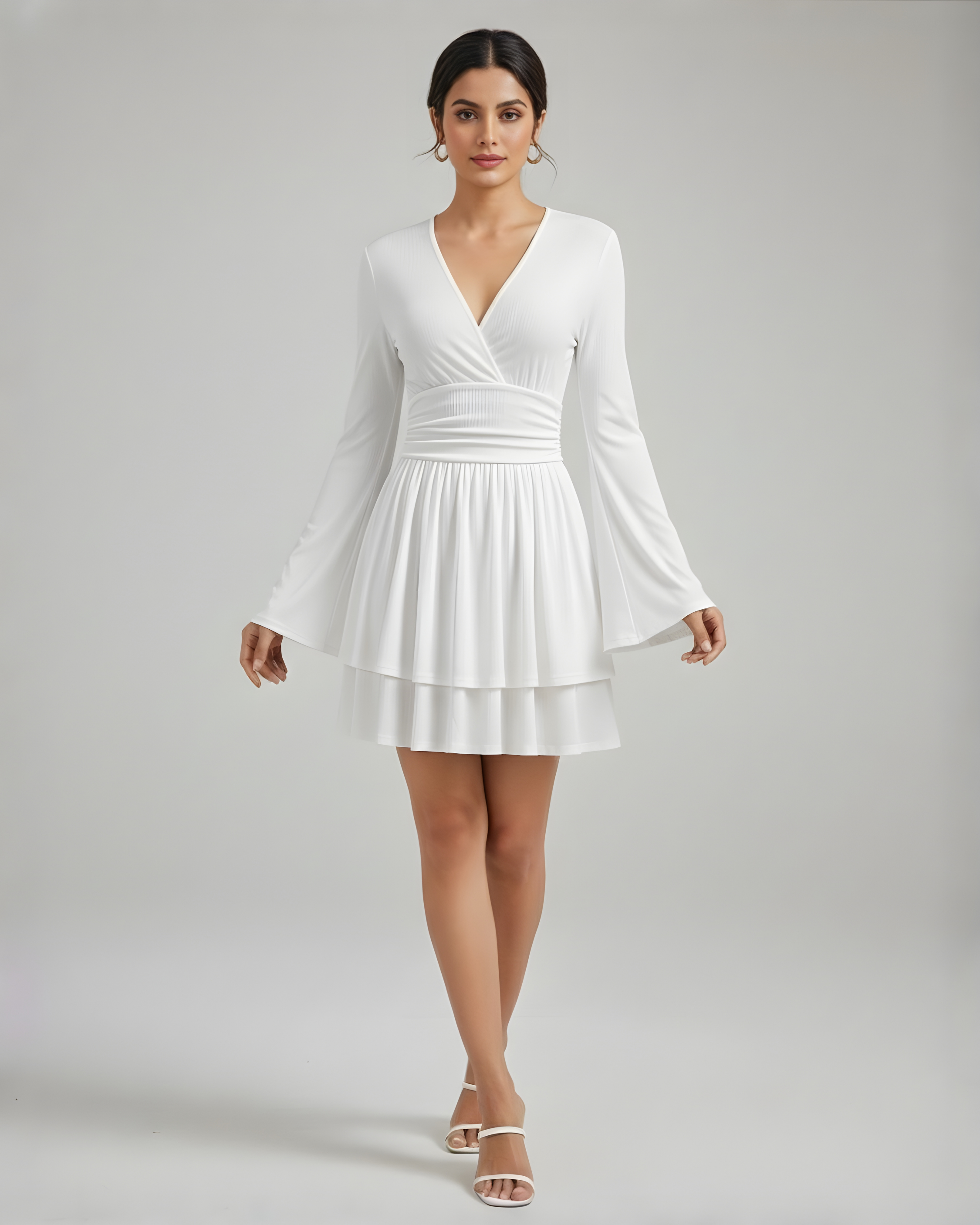 Flirty V-Neck Layered Ruffle Mini Dress - White