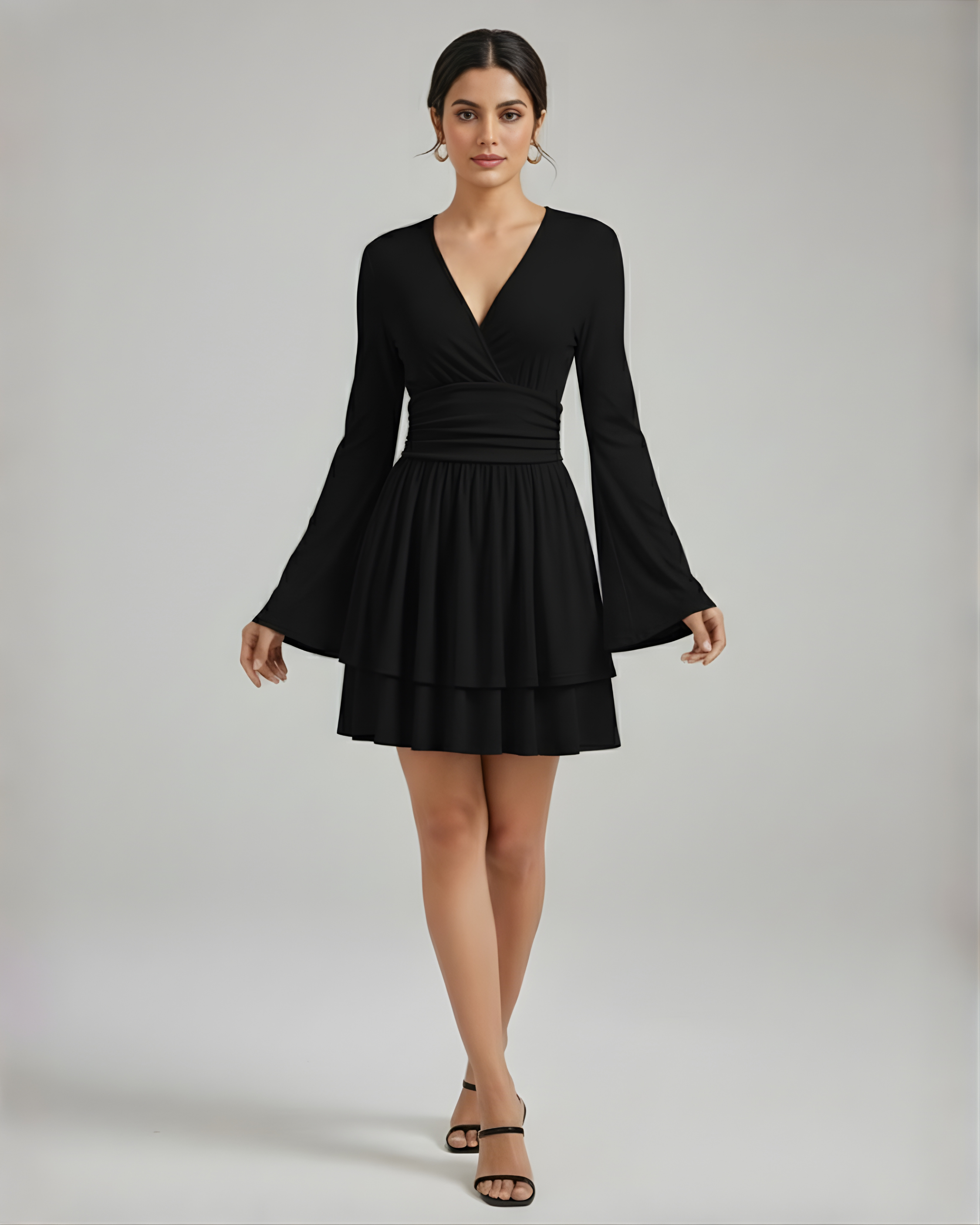 Flirty V-Neck Layered Ruffle Mini Dress - Black