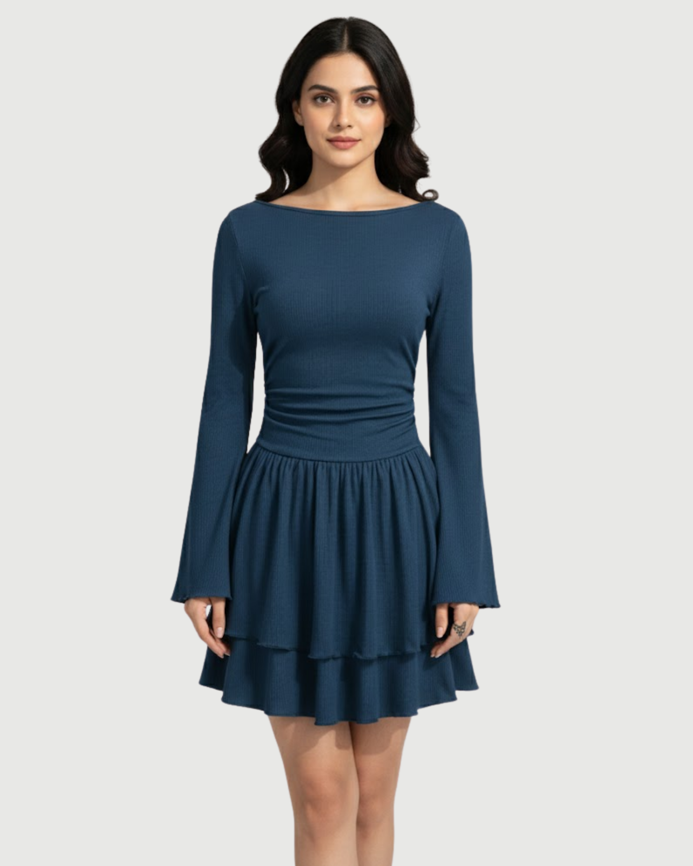 Bohemian Bell Sleeve Layered Mini Dress-Blue