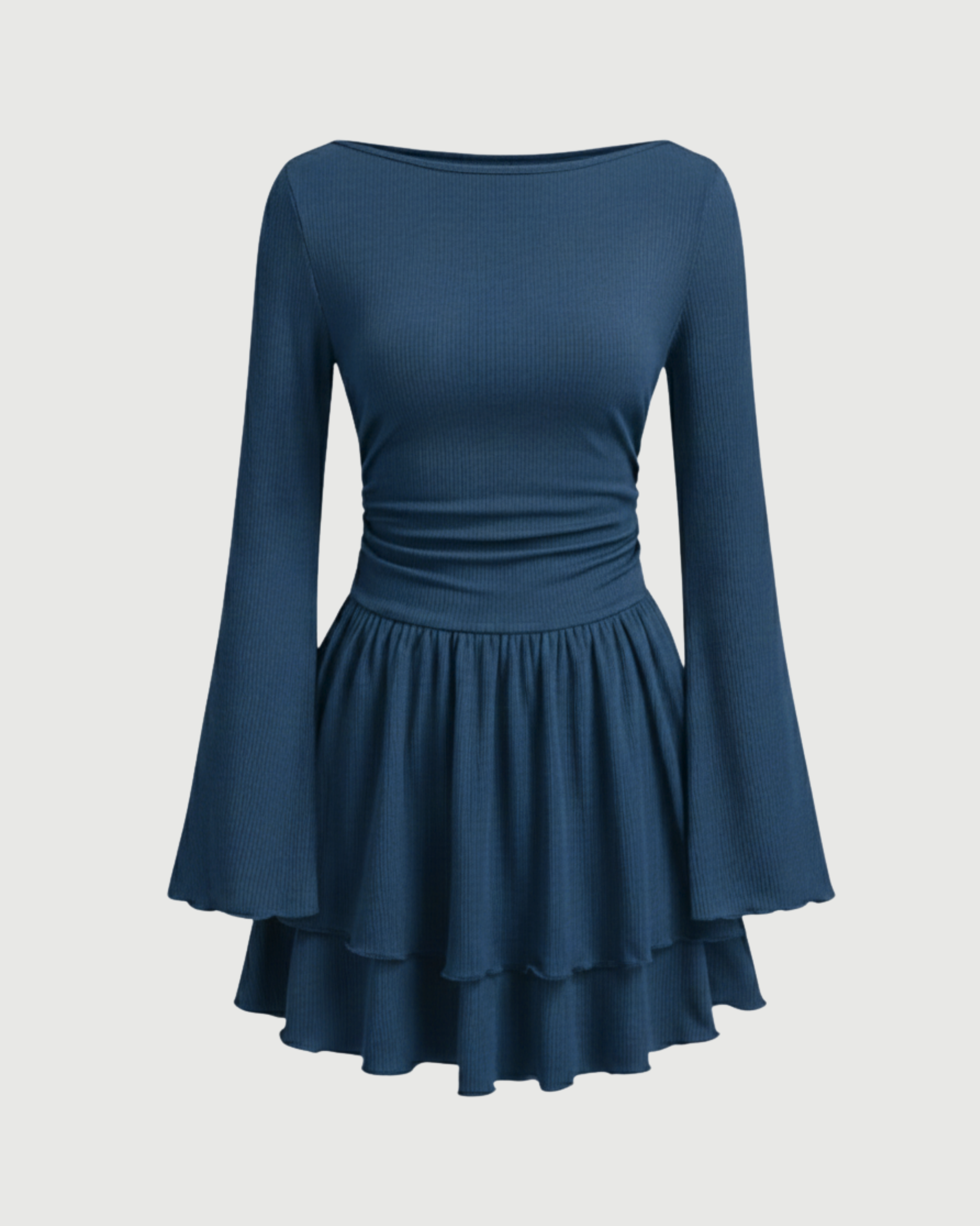 Bohemian Bell Sleeve Layered Mini Dress-Blue
