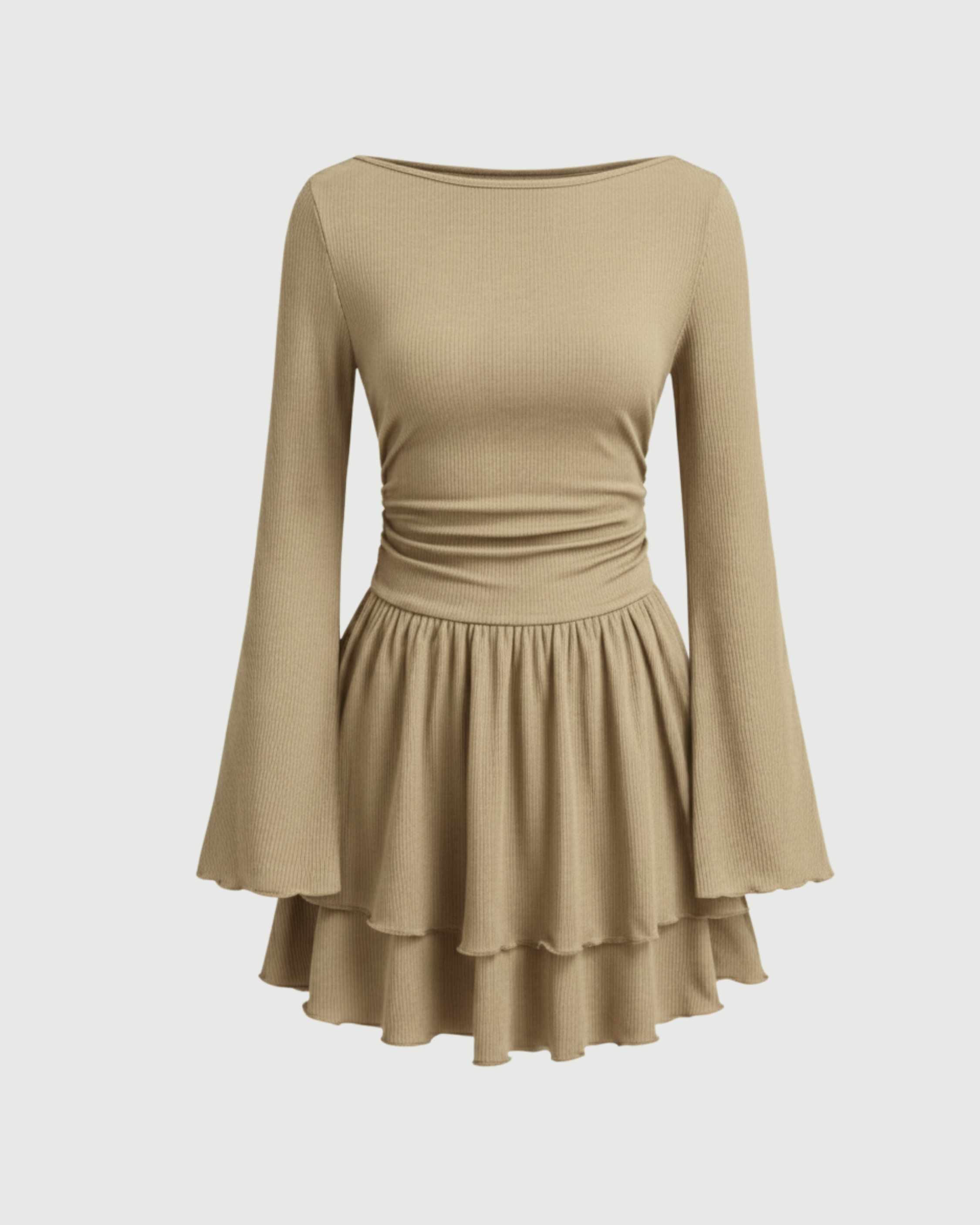 Bohemian Bell Sleeve Layered Mini Dress-Cream