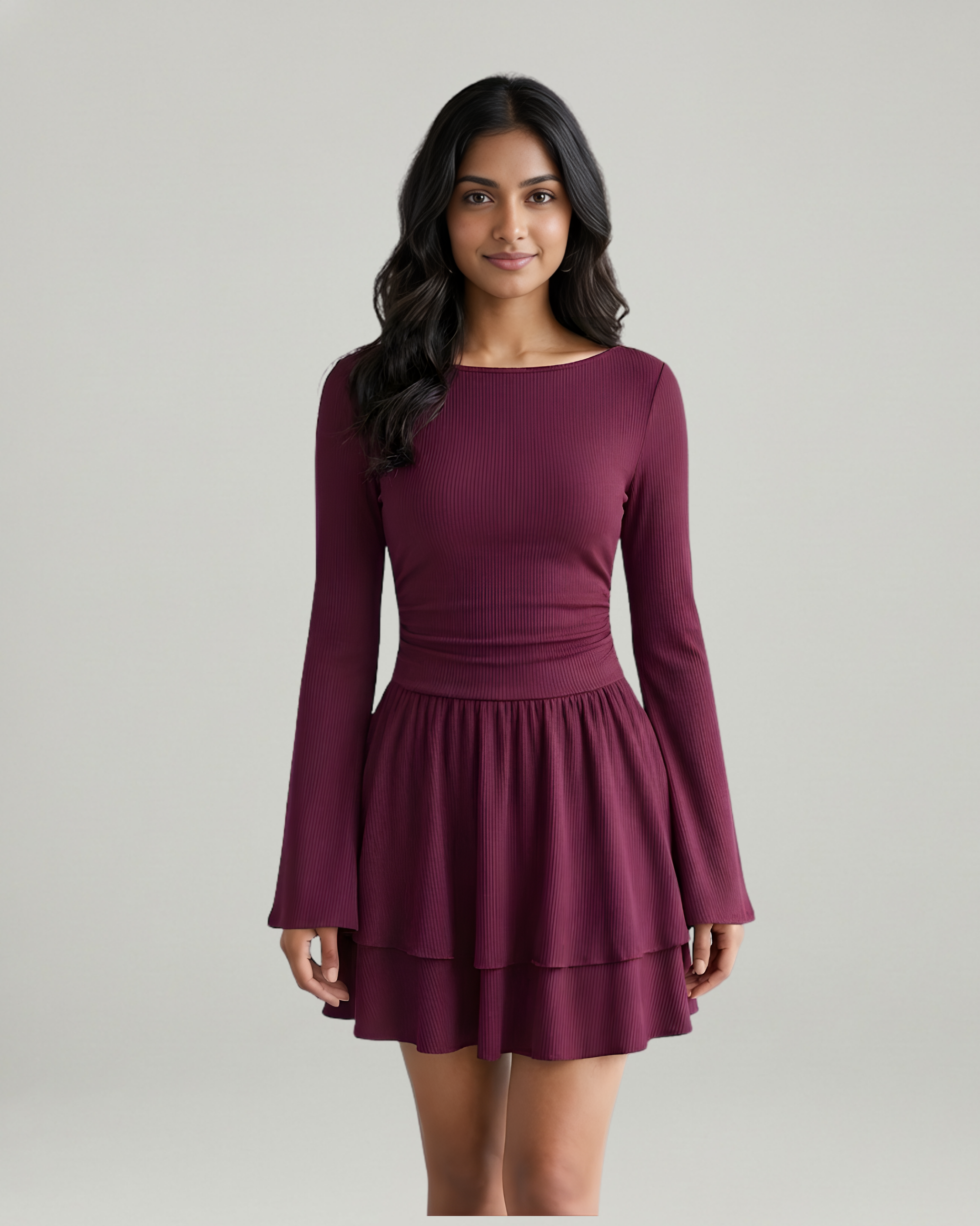 Bohemian Bell Sleeve Layered Mini Dress-Maroon