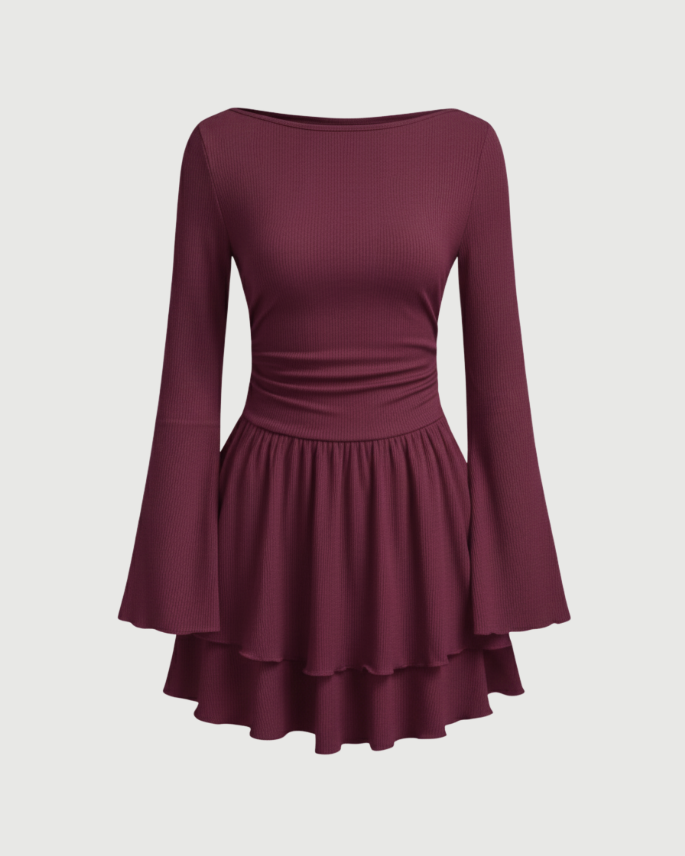 Bohemian Bell Sleeve Layered Mini Dress-Maroon