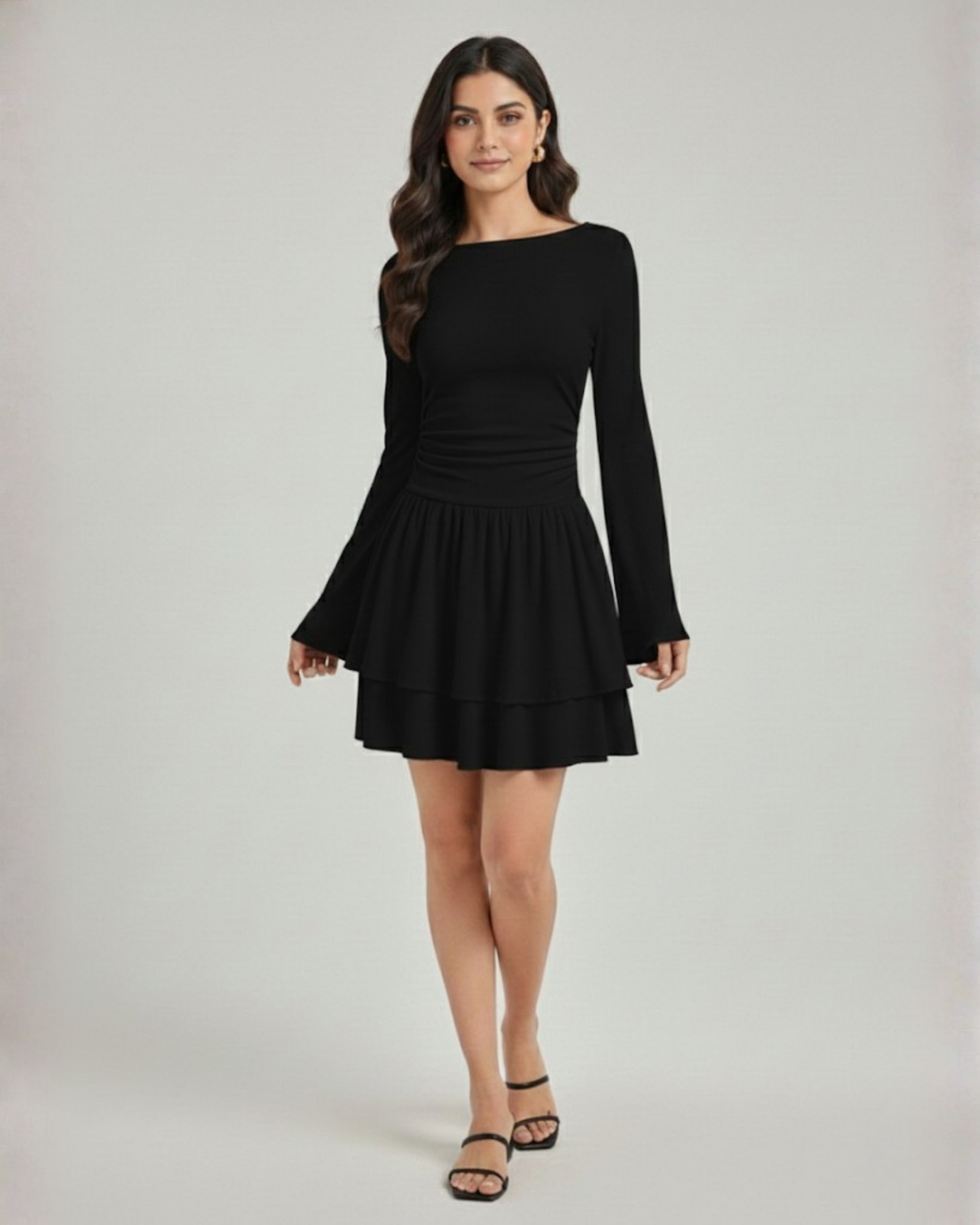 Bohemian Bell Sleeve Layered Mini Dress - Black