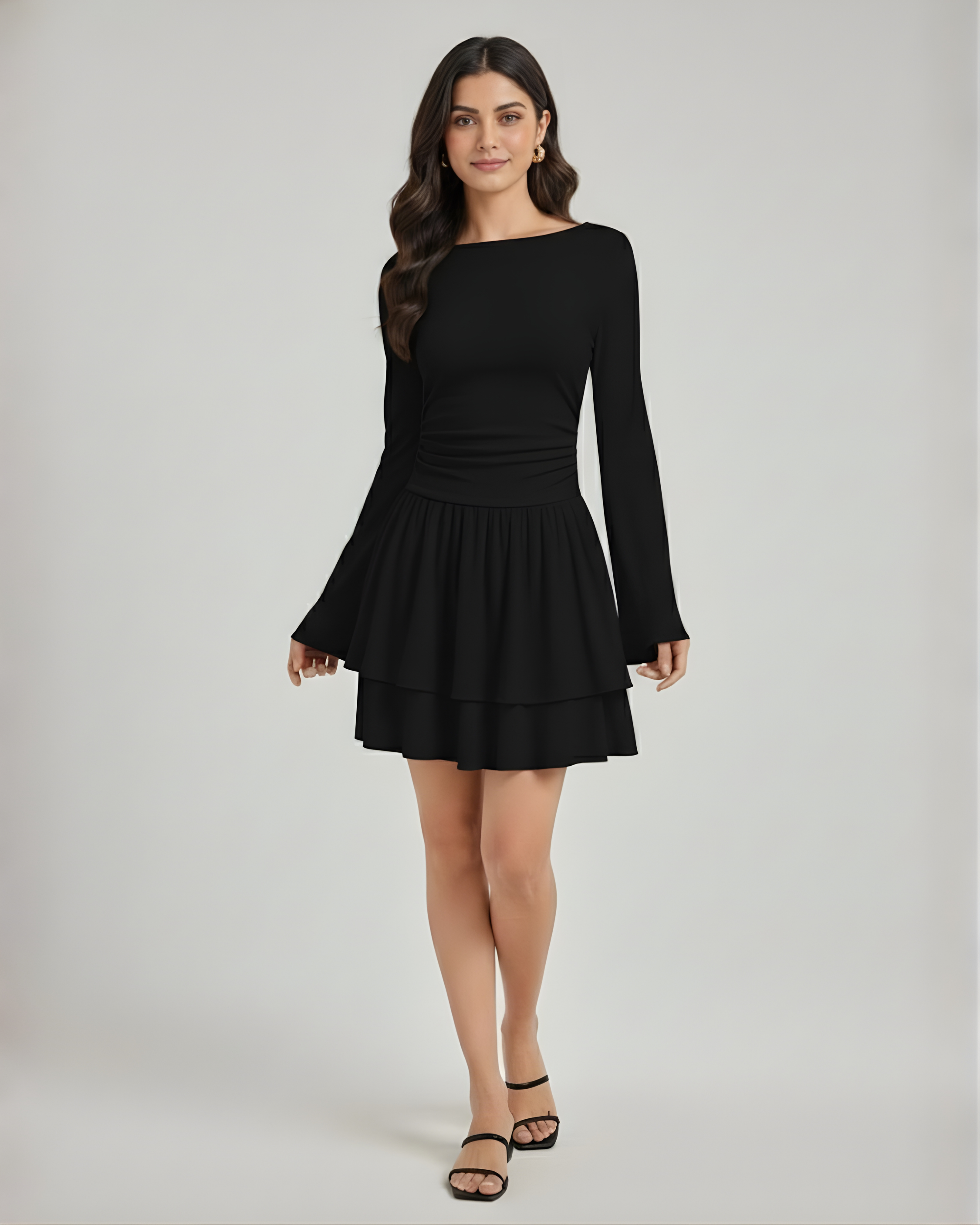 Bohemian Bell Sleeve Layered Mini Dress - Black