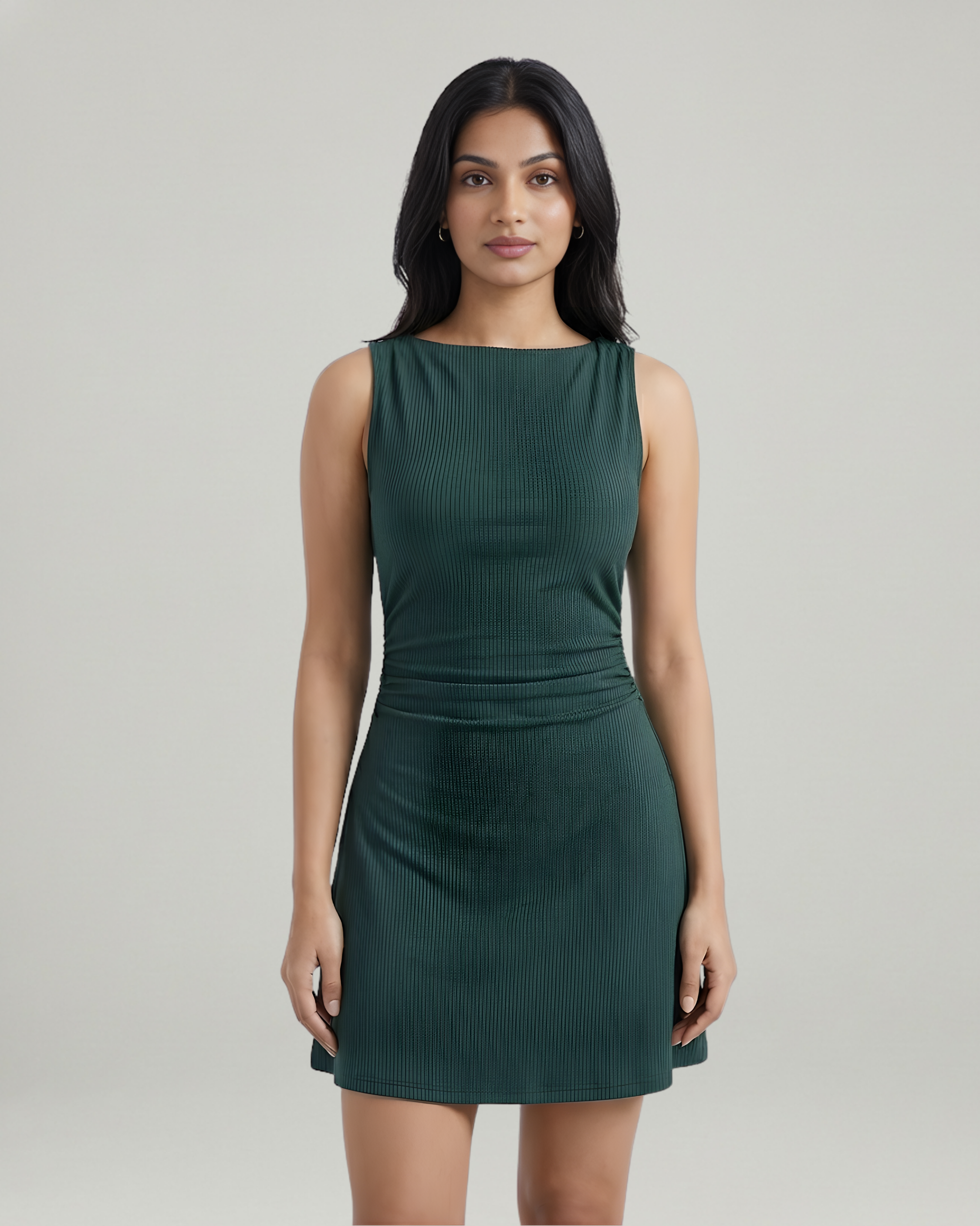 Chic Twisted Boat Neck Mini Dress-Dark Green