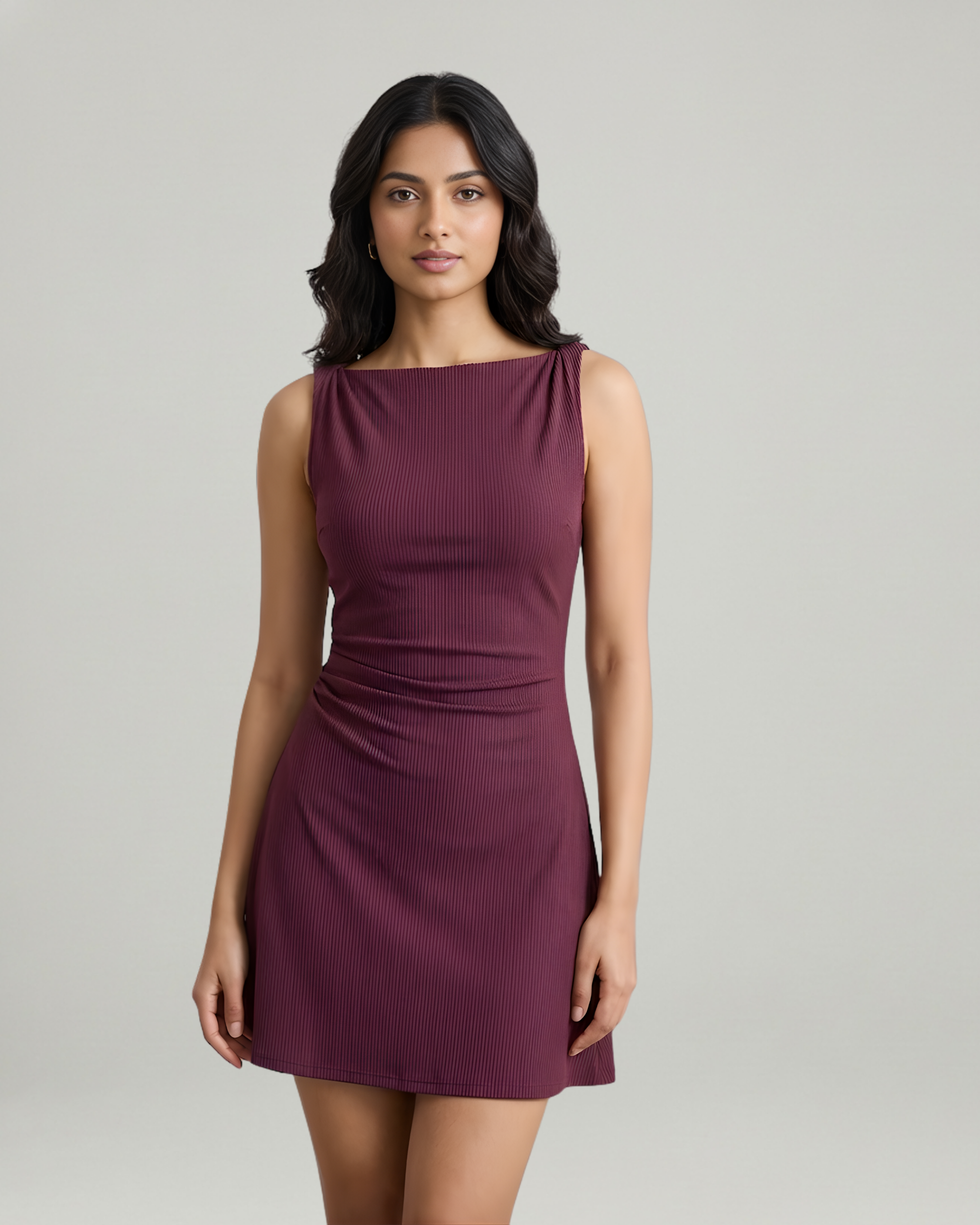 Chic Twisted Boat Neck Mini Dress-Maroon