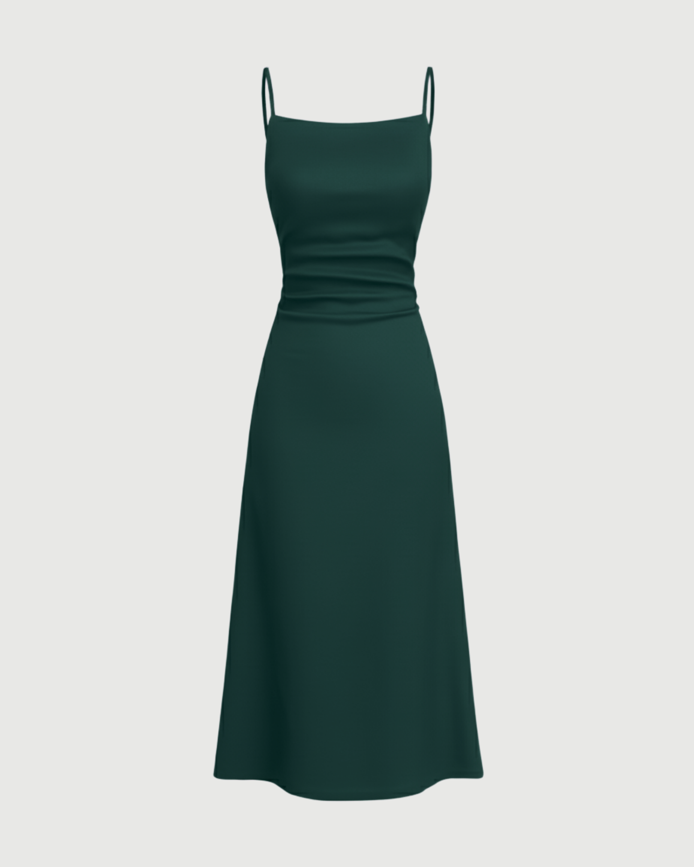 Square Neck Ribbed Ruched Midi Dress-Dark Green
