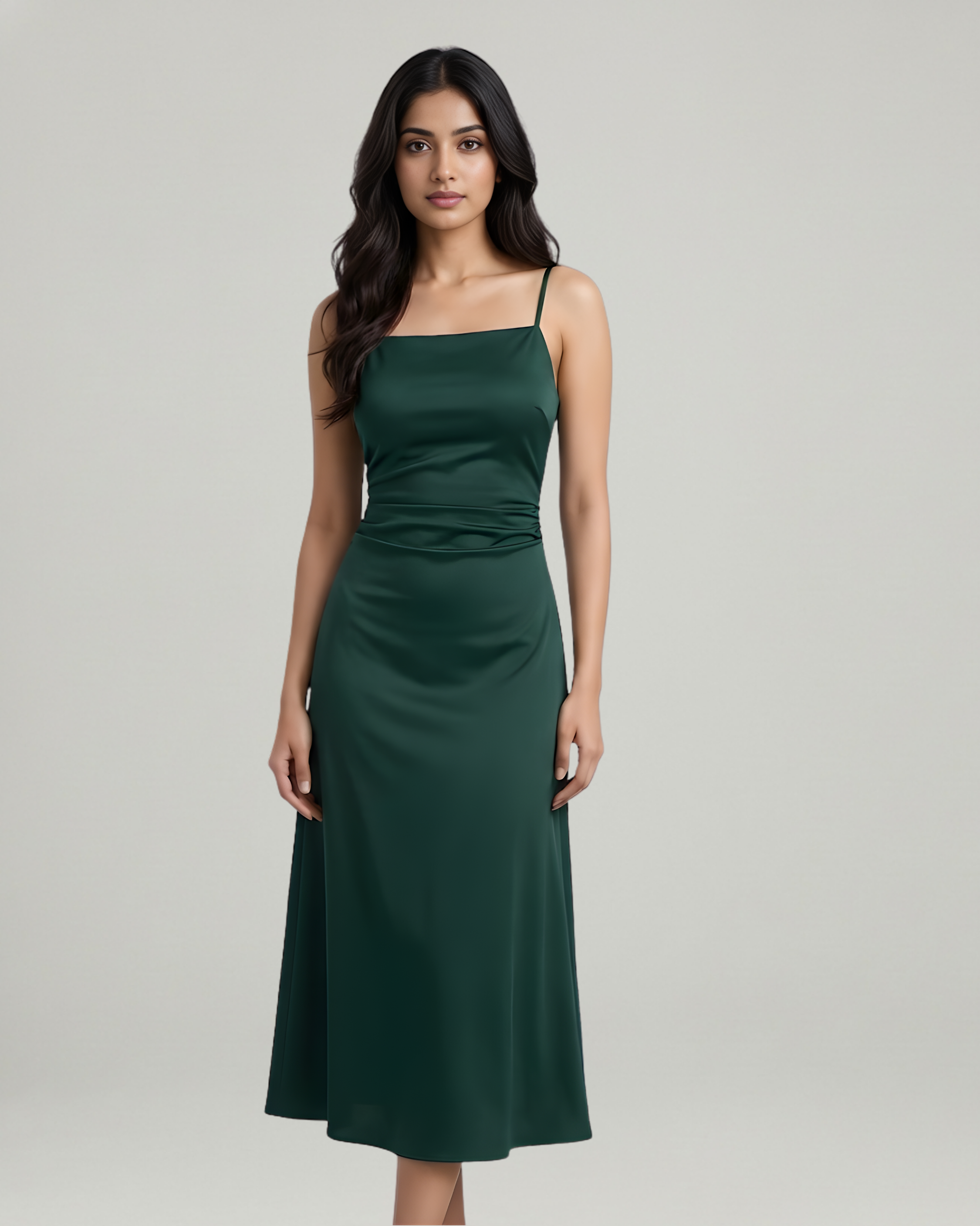 Square Neck Ribbed Ruched Midi Dress-Dark Green