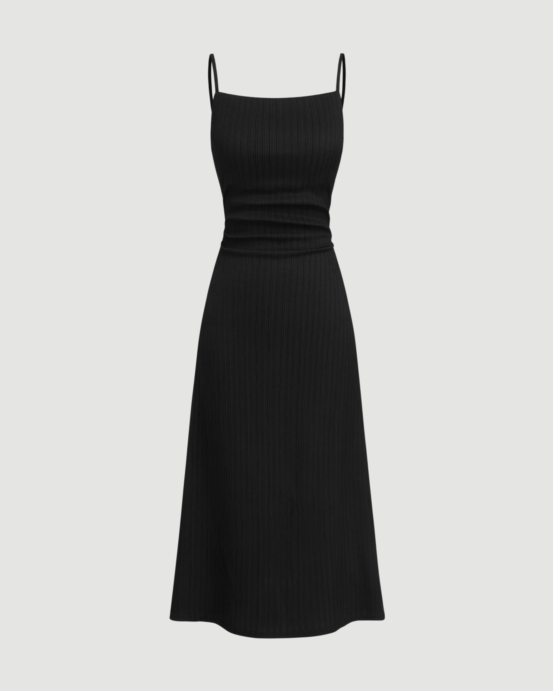 Square Neck Ribbed Ruched Midi Dress - Black