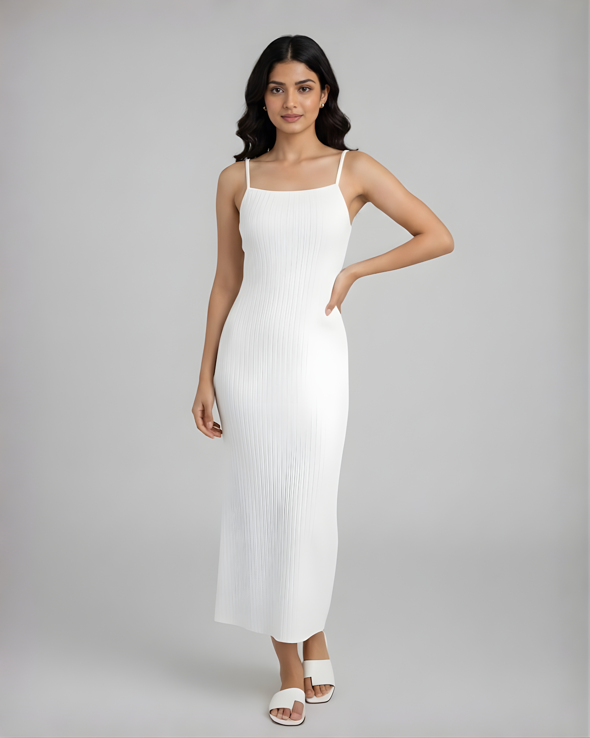 Square Neck Ribbed Ruched Midi Dress - White