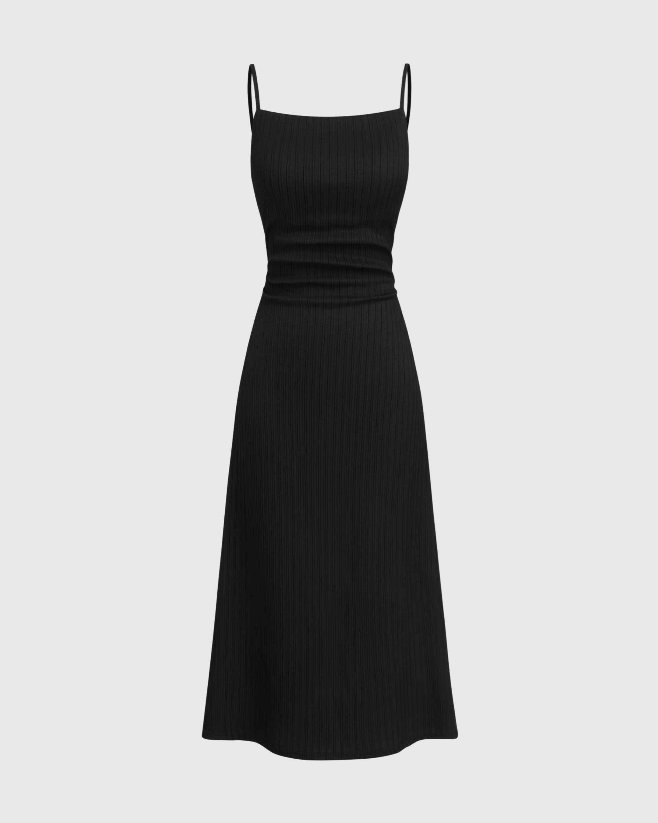 Square Neck Ribbed Ruched Midi Dress - Black