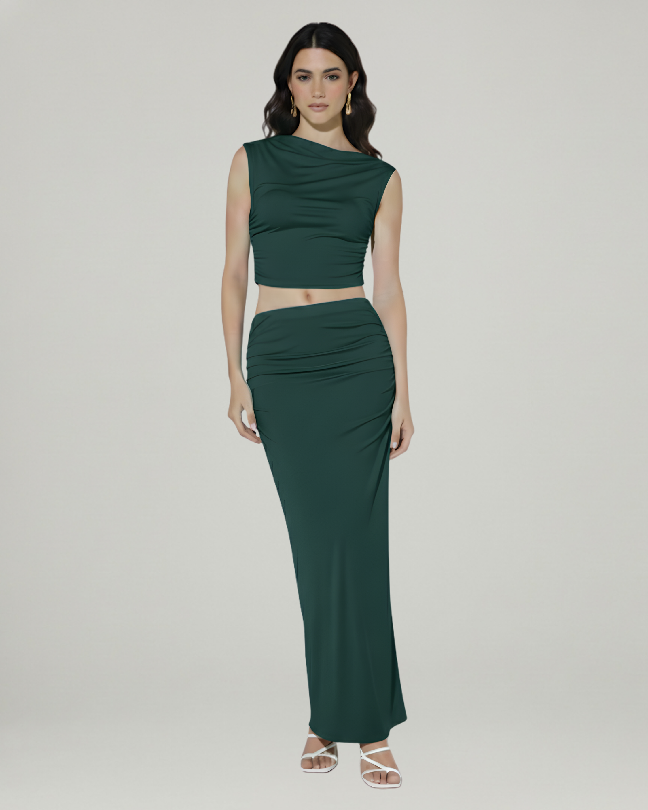 Two-Piece Asymmetrical Ruched Crop & Maxi Skirt Set-Dark Green