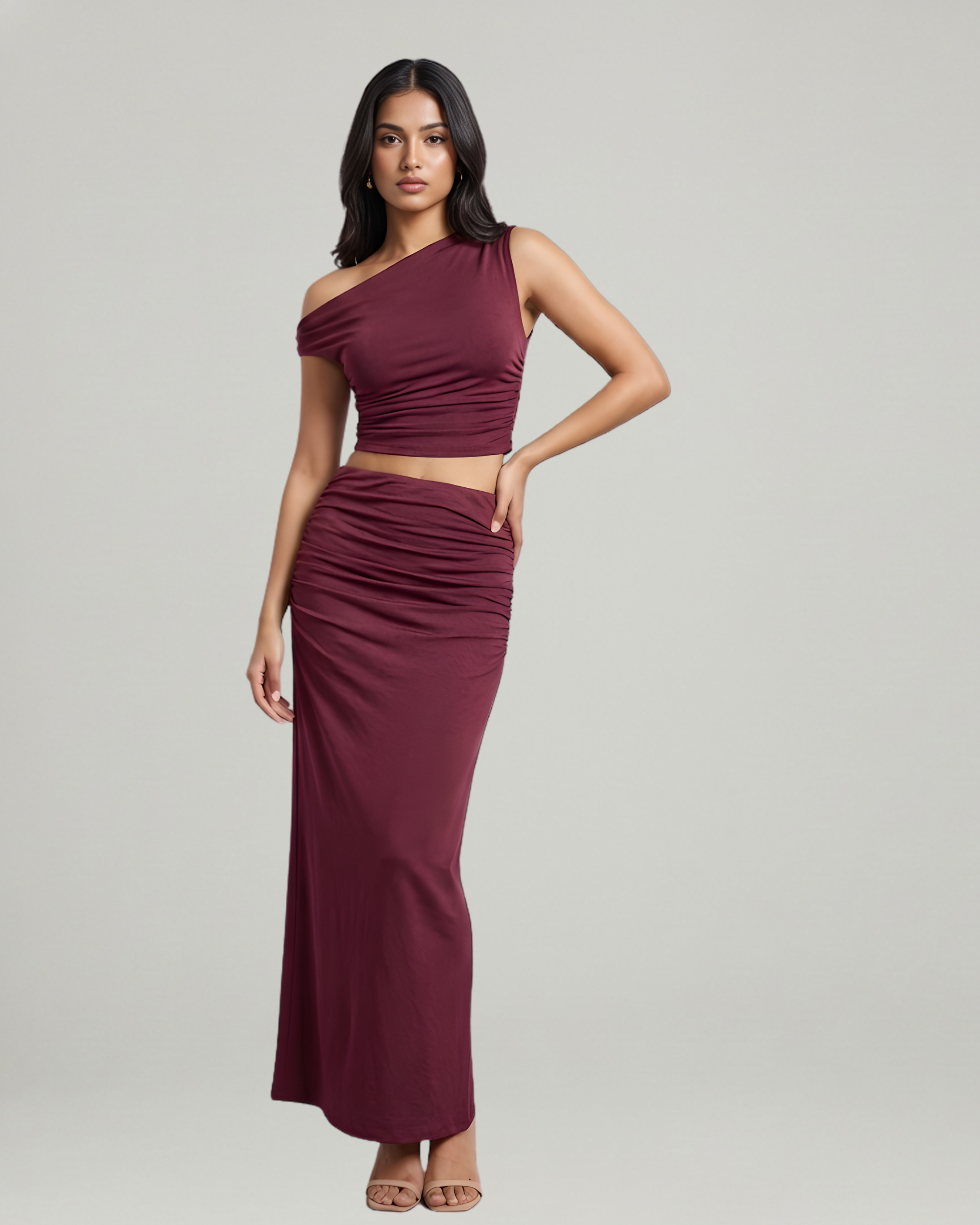 Two-Piece Asymmetrical Ruched Crop & Maxi Skirt Set-Maroon