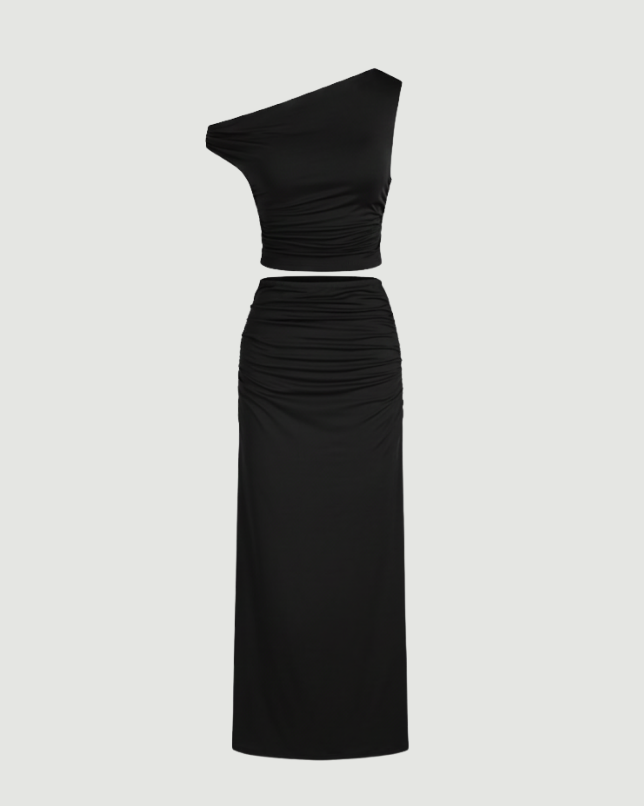 Two-Piece Asymmetrical Ruched Crop & Maxi Skirt Set - Black