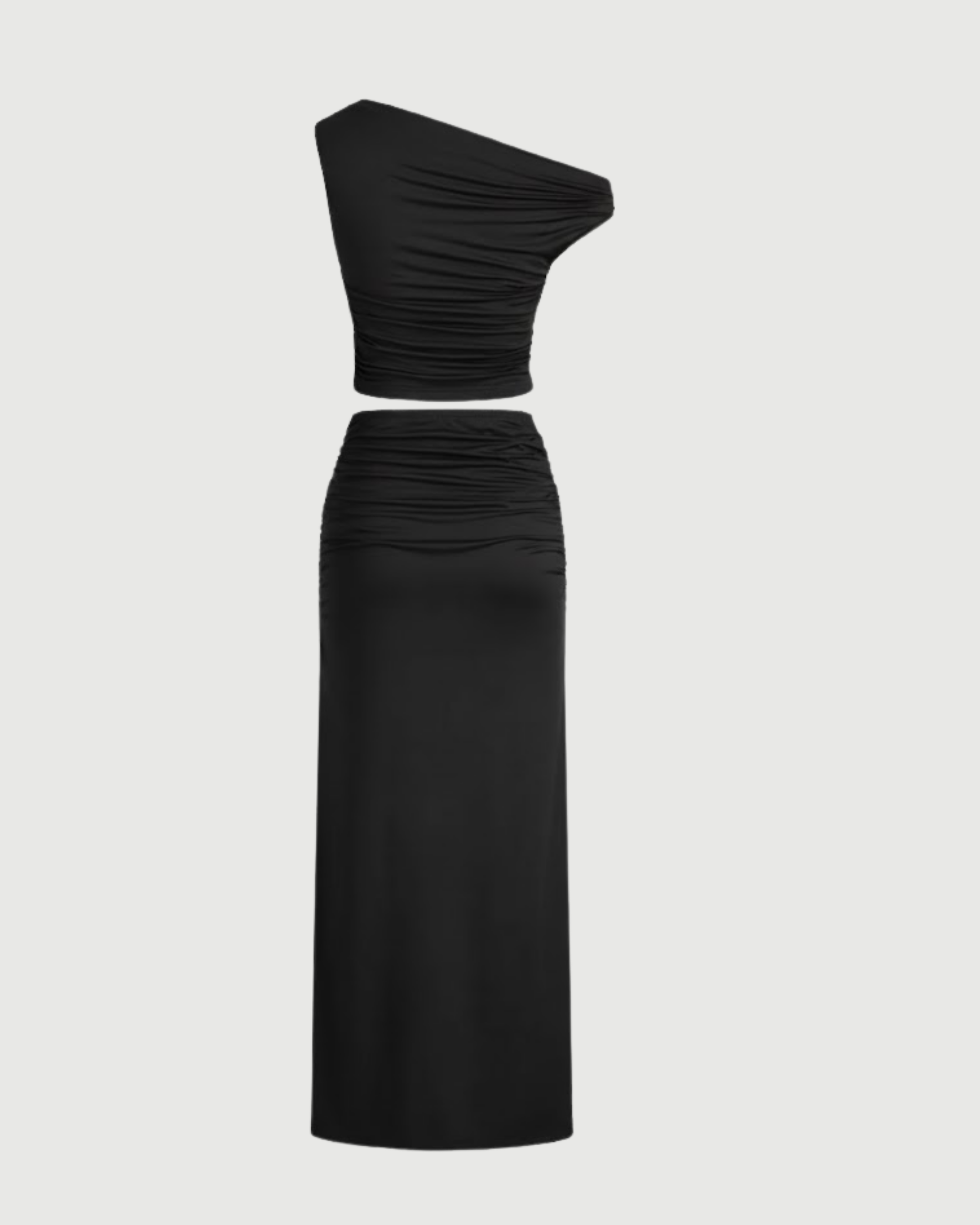 Two-Piece Asymmetrical Ruched Crop & Maxi Skirt Set - Black
