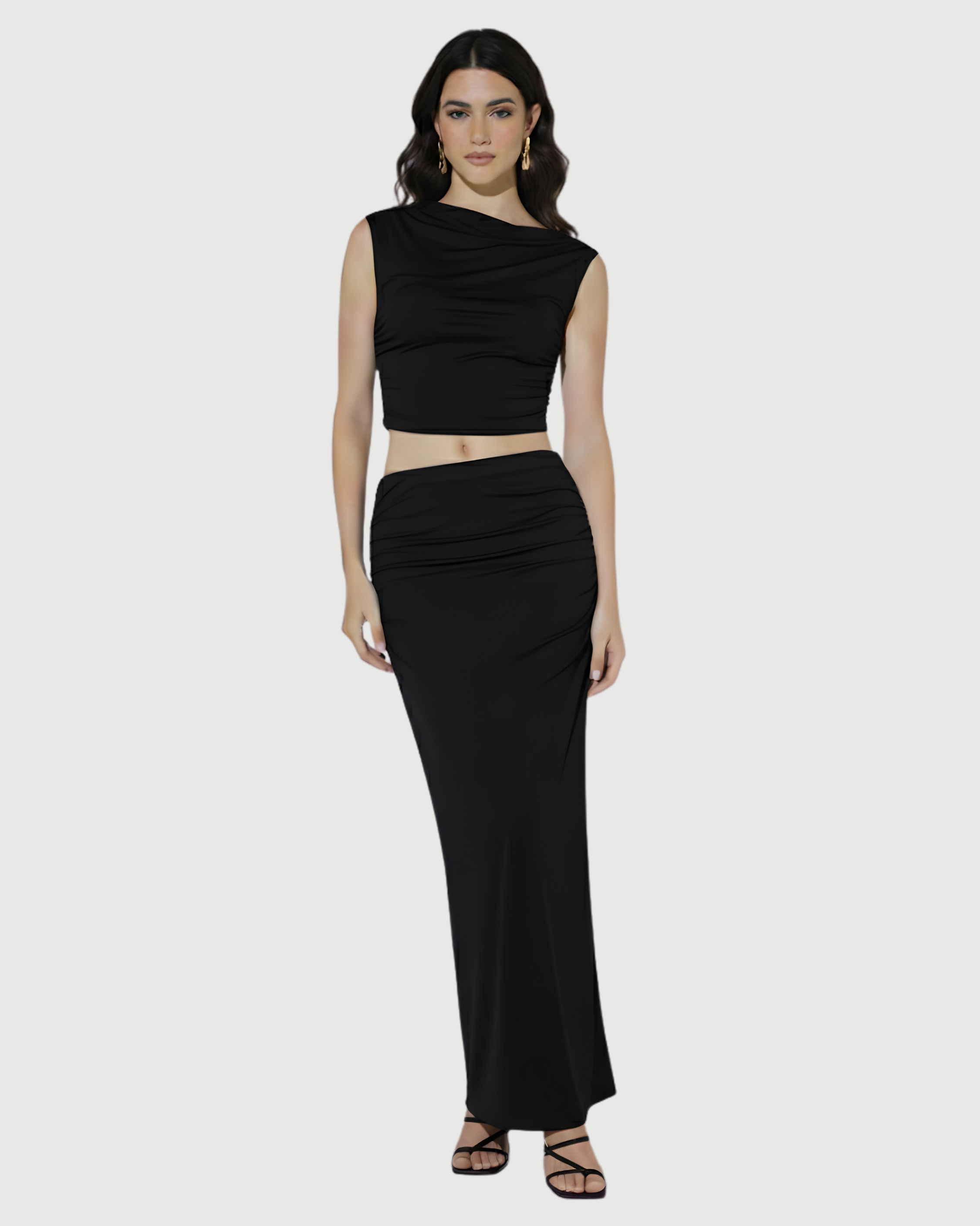 Two-Piece Asymmetrical Ruched Crop & Maxi Skirt Set - Black