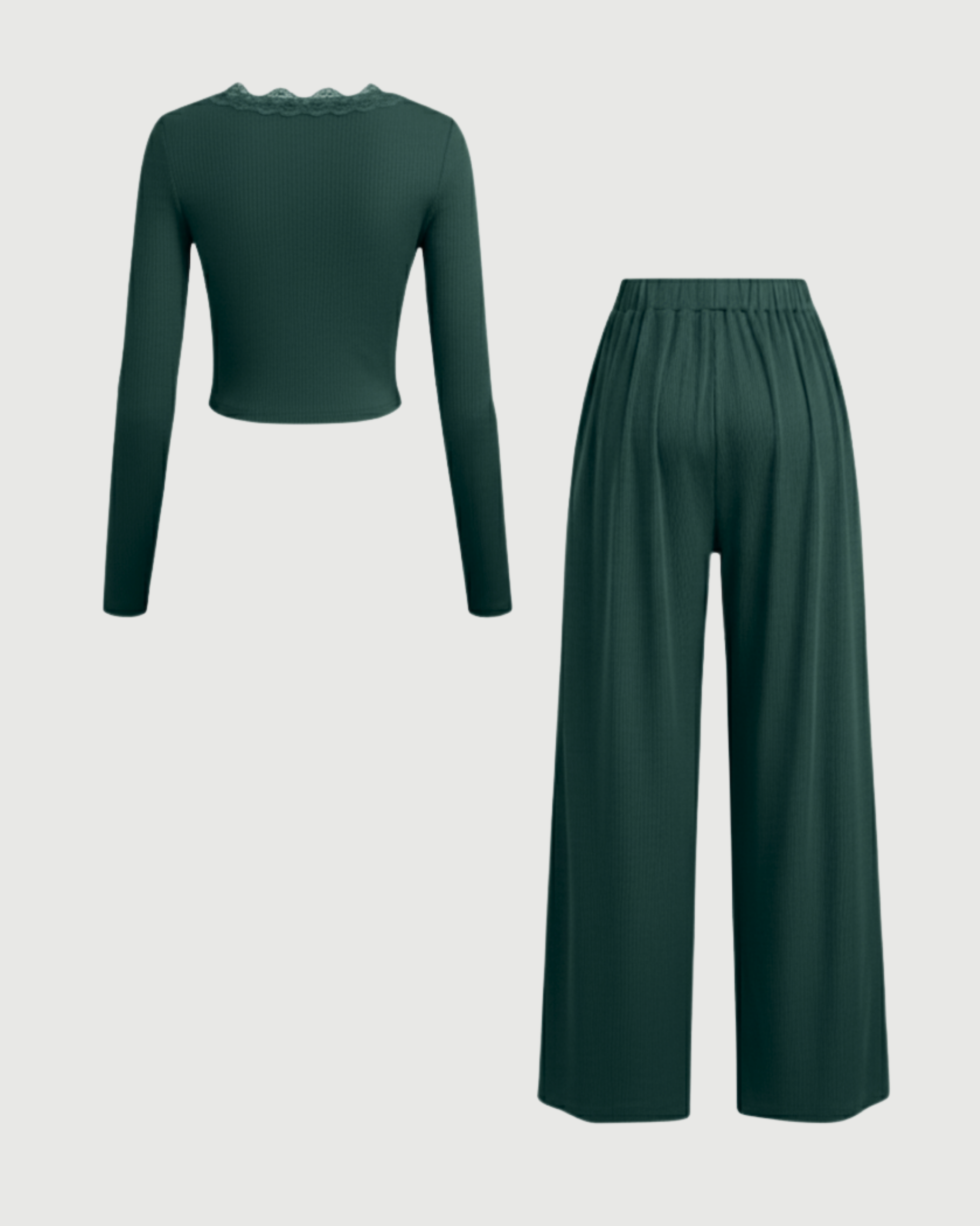 Lace Crop Top & Wide Leg Pant Set-Dark Green