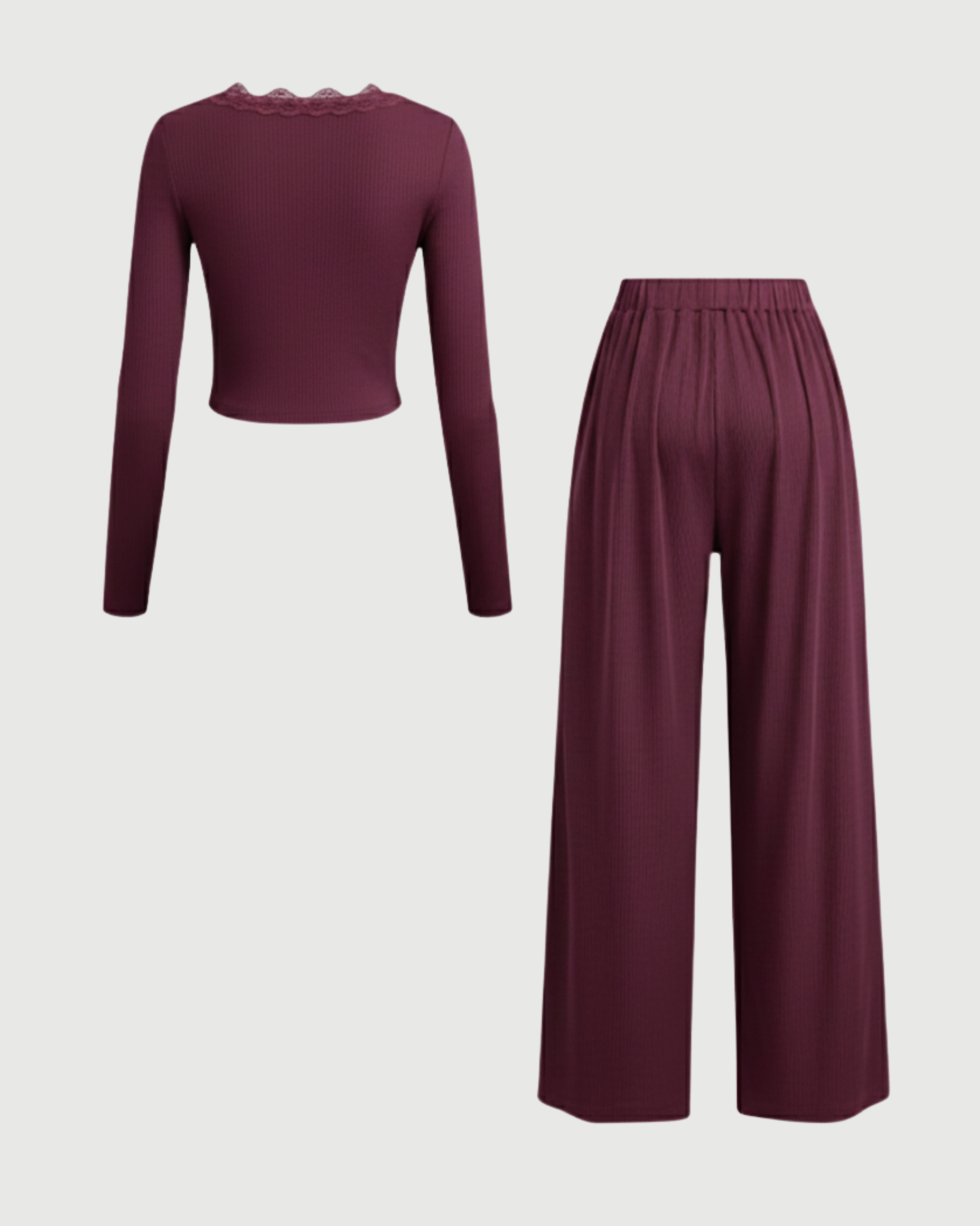 Lace Crop Top & Wide Leg Pant Set-Maroon