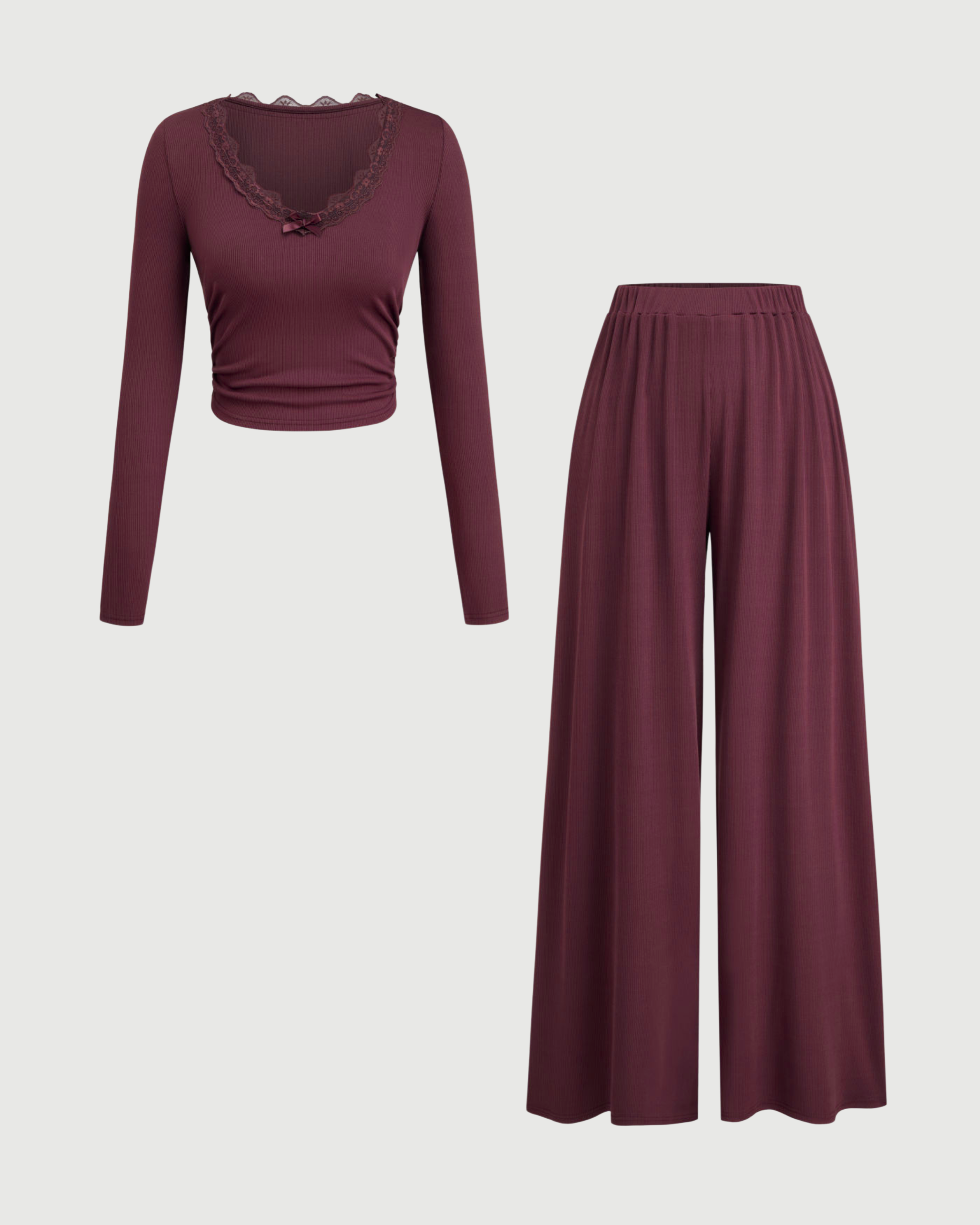 Lace Crop Top & Wide Leg Pant Set-Maroon