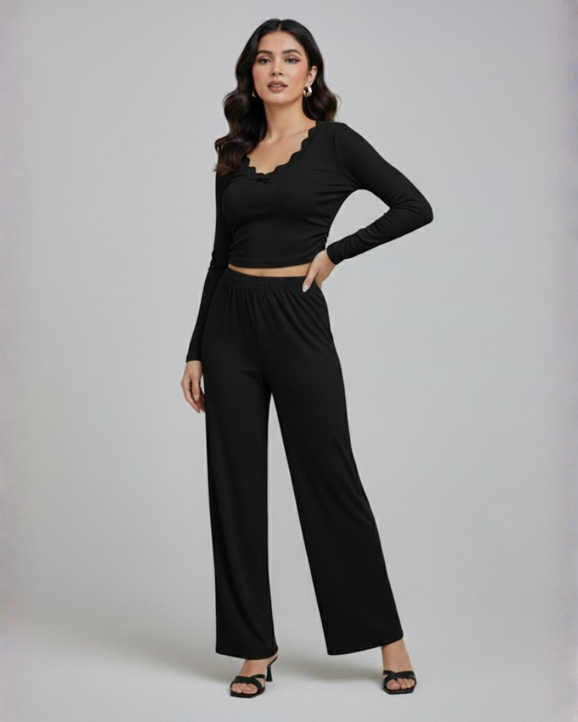 Lace Crop Top & Wide Leg Pant Set - Black