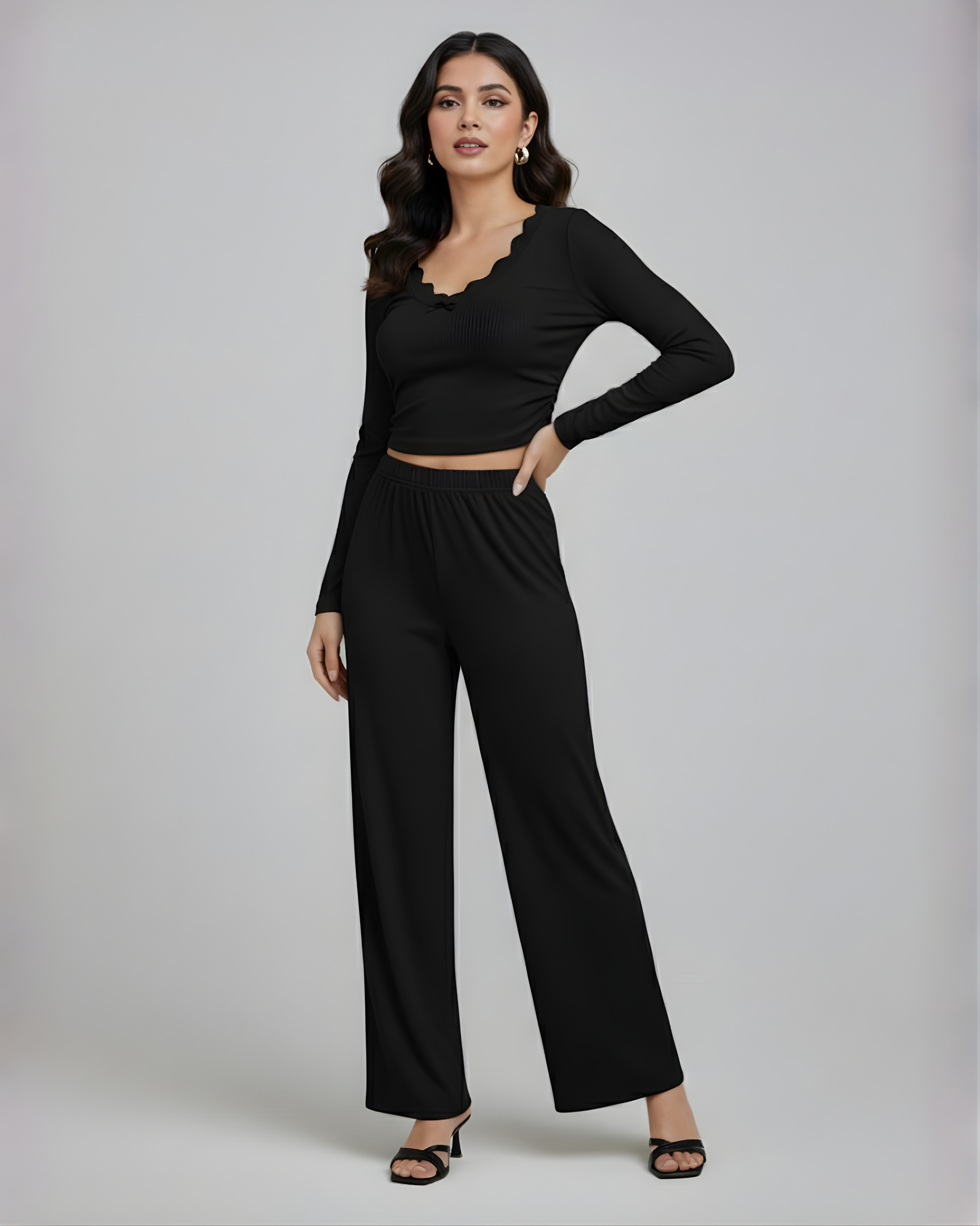 Lace Crop Top & Wide Leg Pant Set - Black