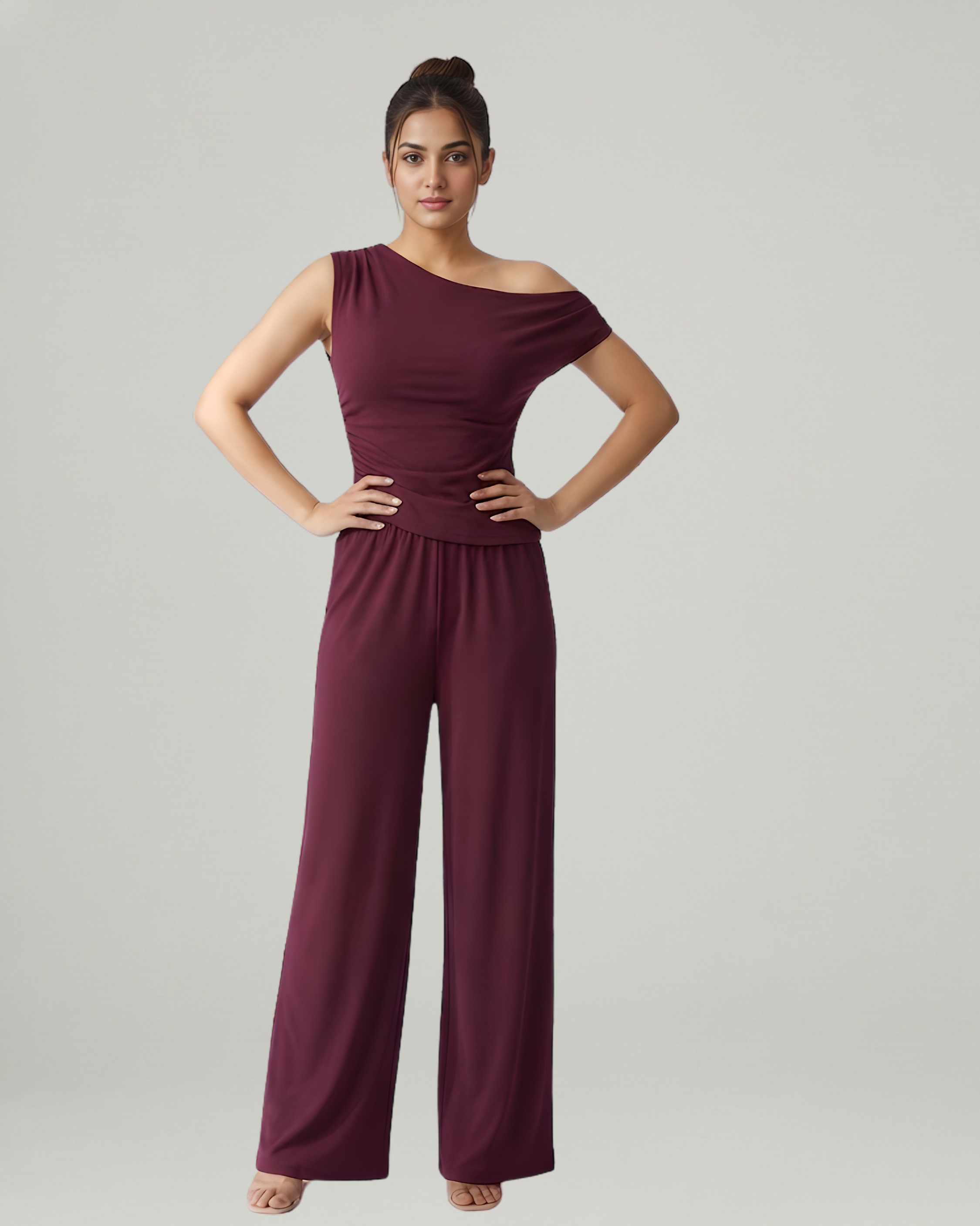 Modern Asymmetric Top & Straight Leg Trousers Set-Maroon