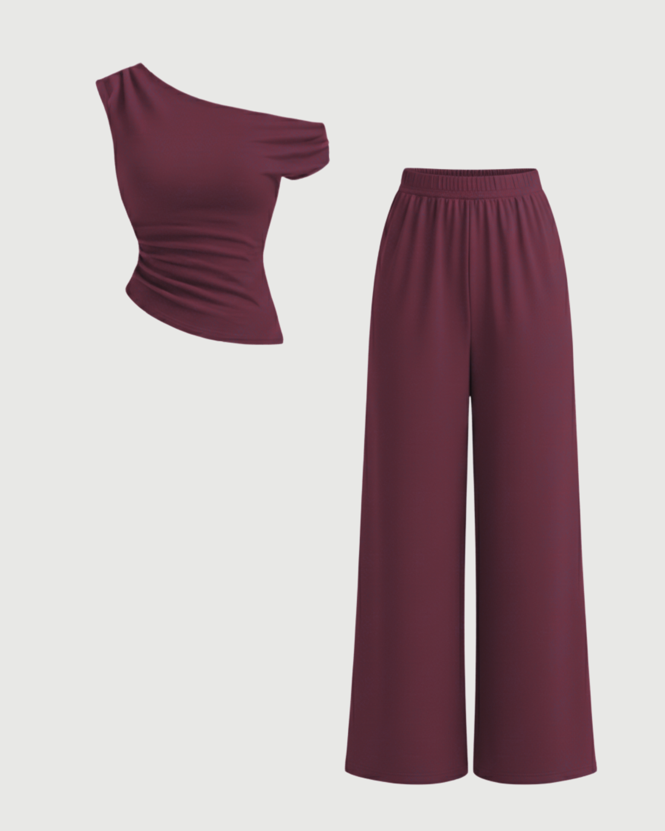 Modern Asymmetric Top & Straight Leg Trousers Set-Maroon