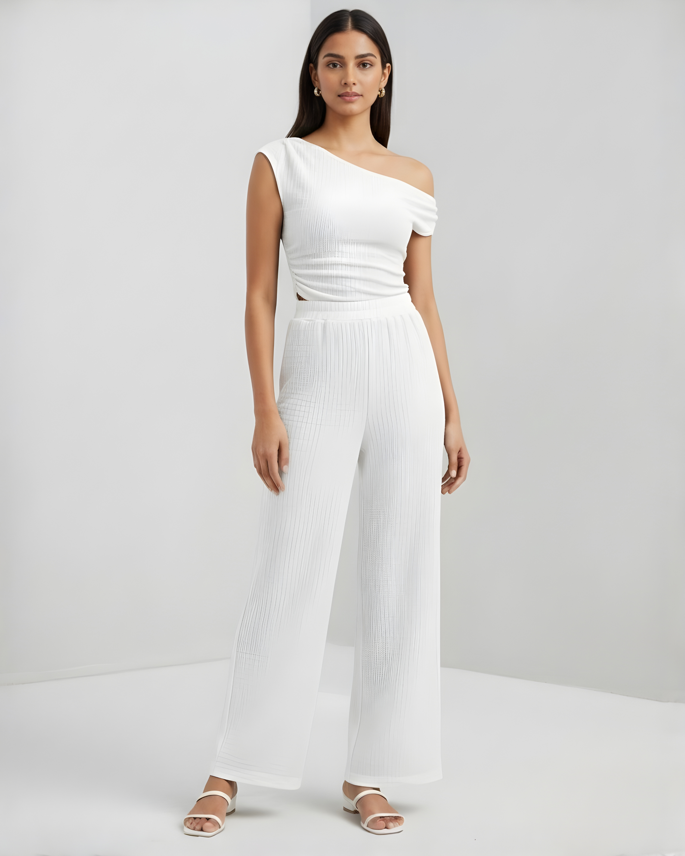 Modern Asymmetric Top & Straight Leg Trousers Set - White