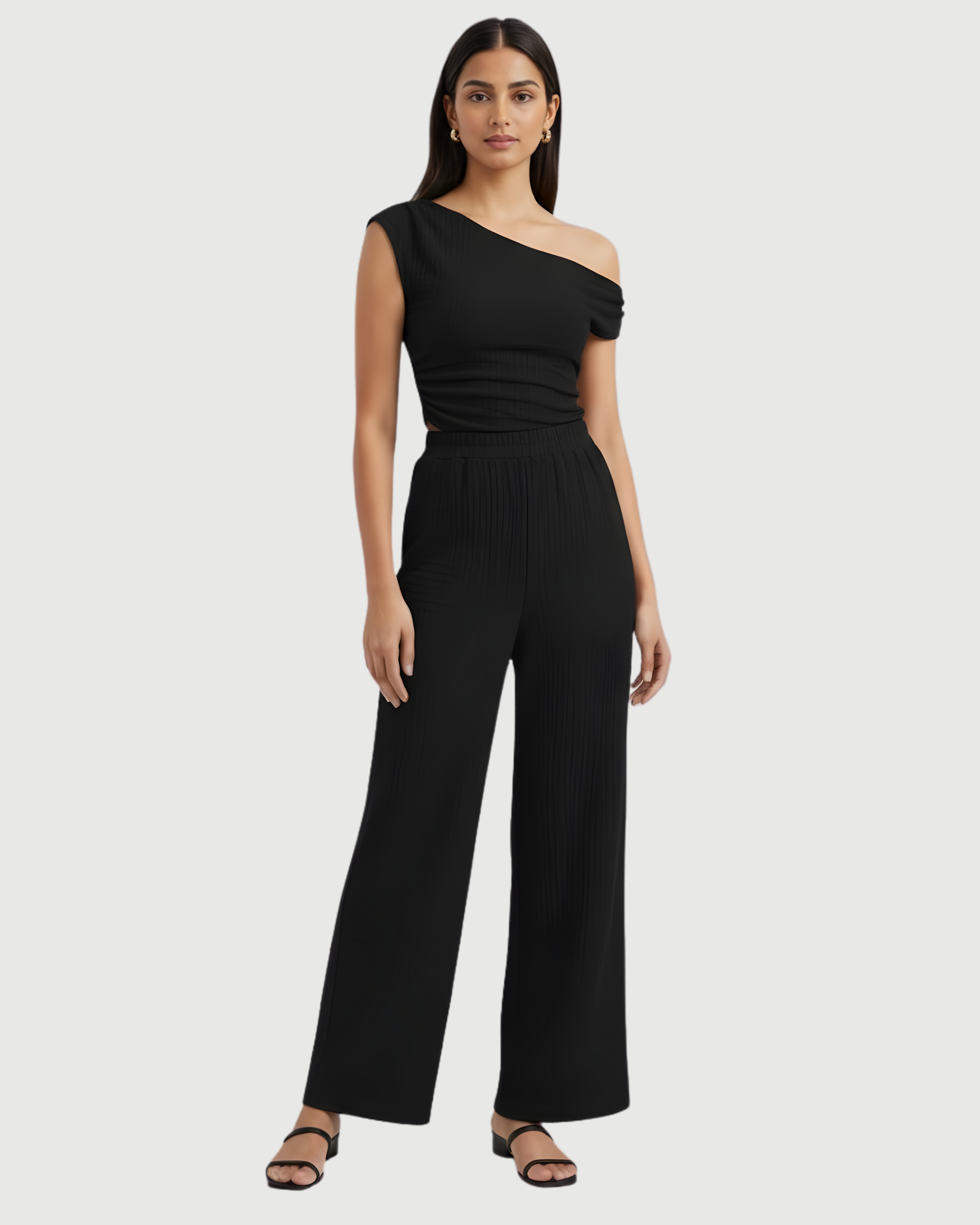 Modern Asymmetric Top & Straight Leg Trousers Set - Black
