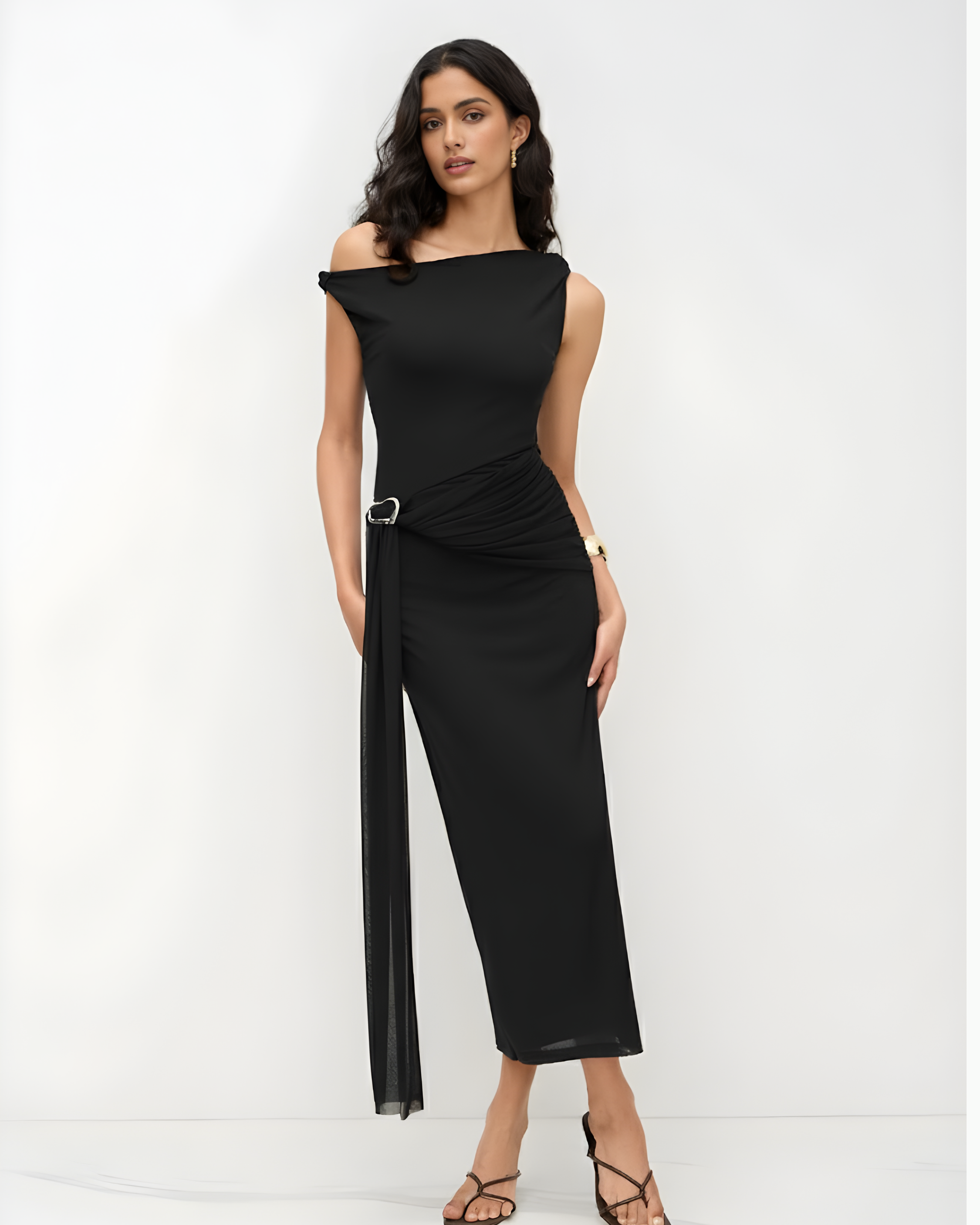 Sheer Mesh Draped Asymmetrical Maxi Dress - Black