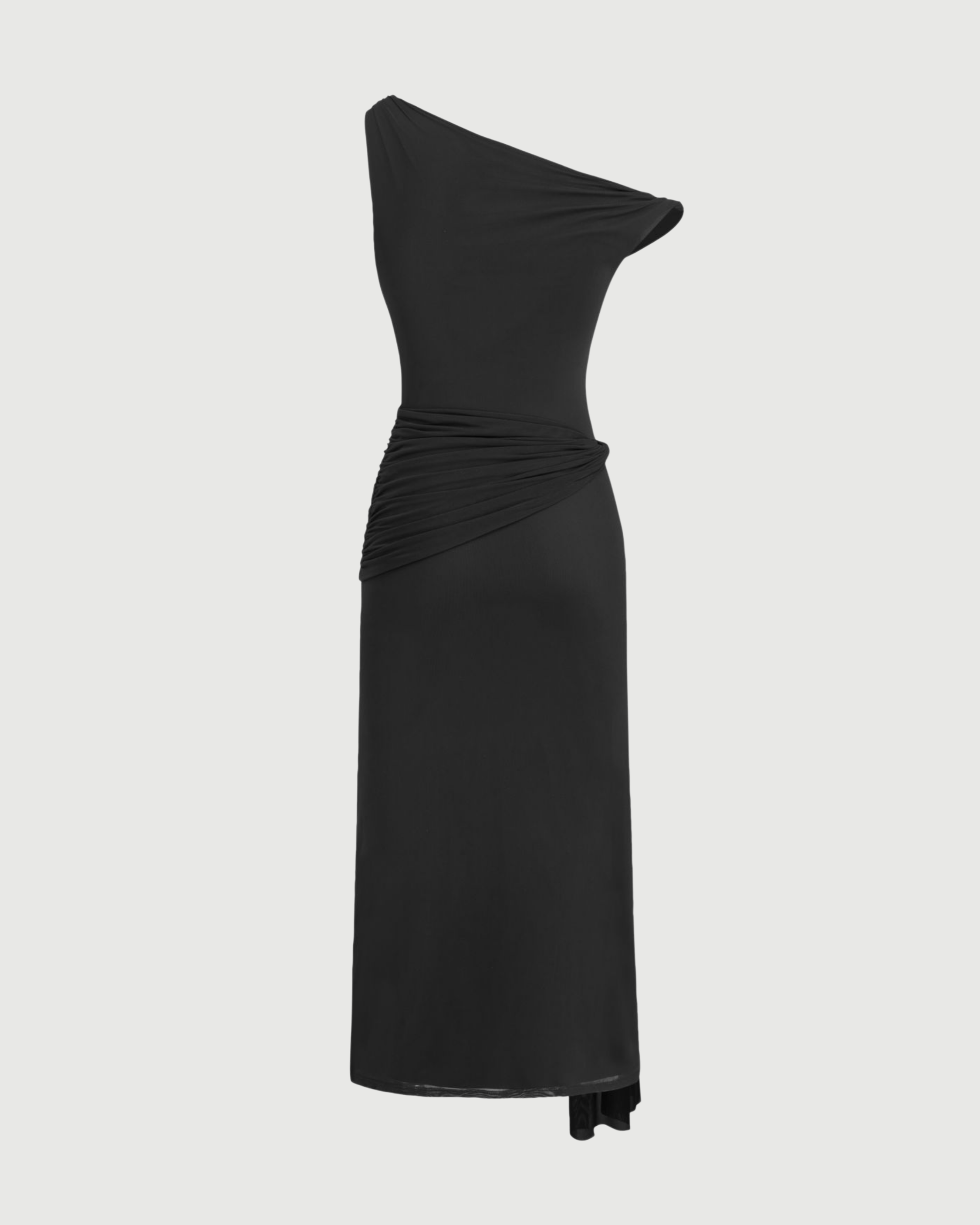 Sheer Mesh Draped Asymmetrical Maxi Dress - Black