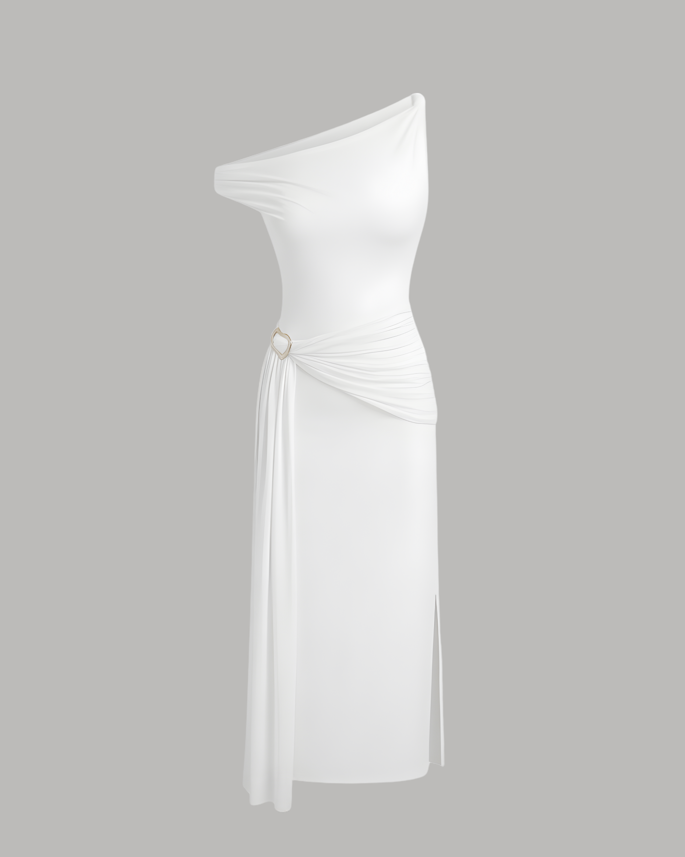 Sheer Mesh Draped Asymmetrical Maxi Dress - White