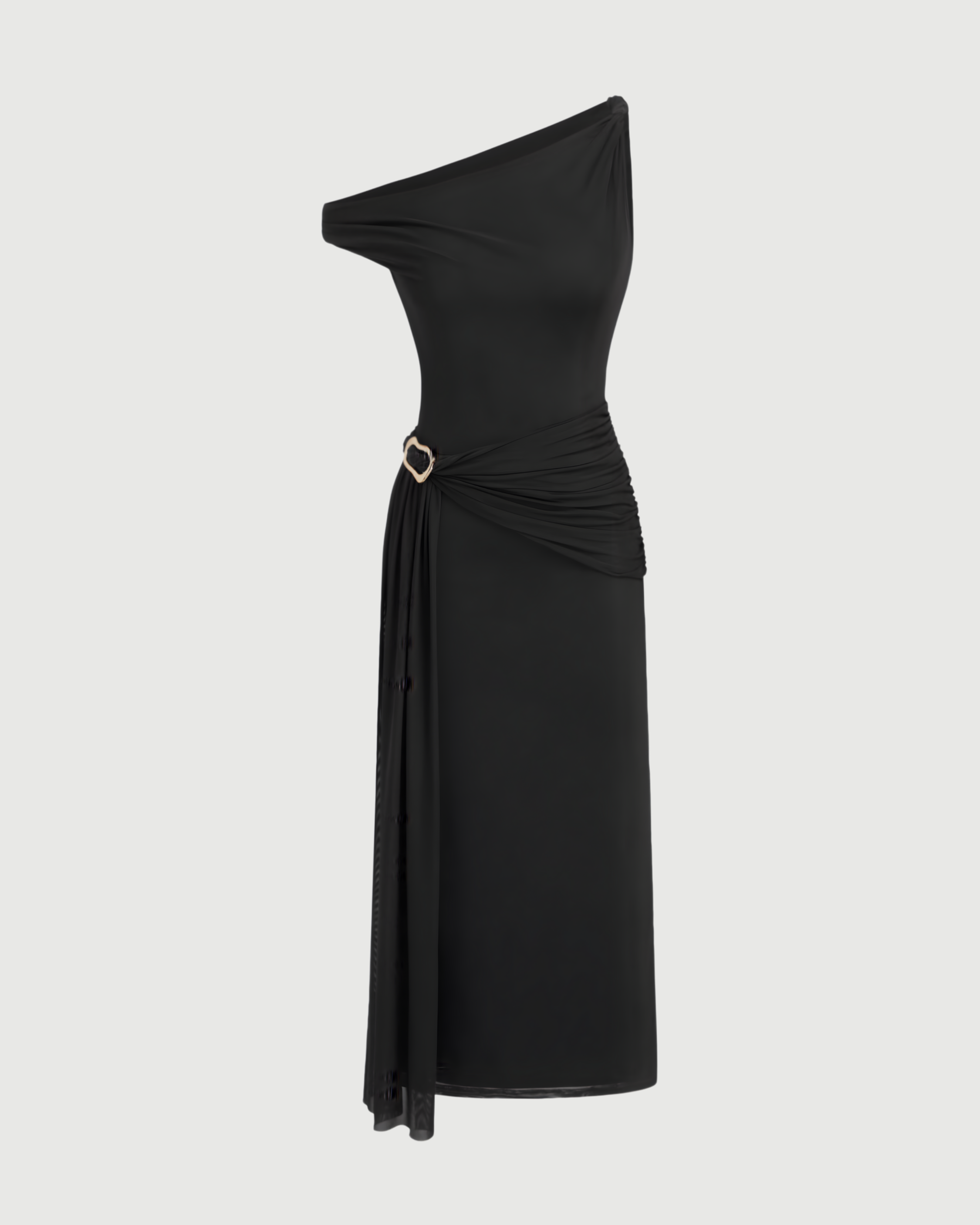 Sheer Mesh Draped Asymmetrical Maxi Dress - Black