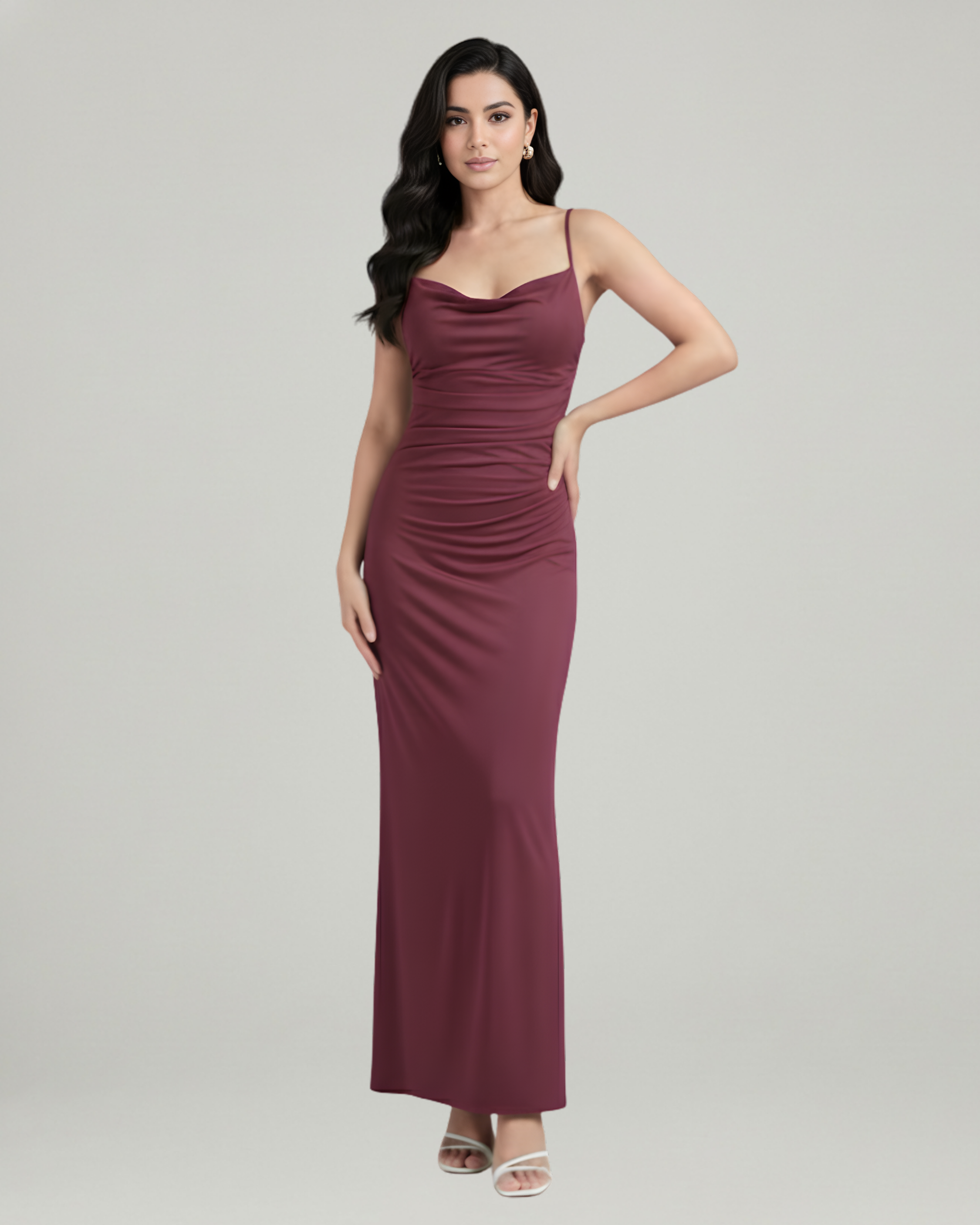 Sleek Cowl Neck Backless Maxi Gown-Maroon