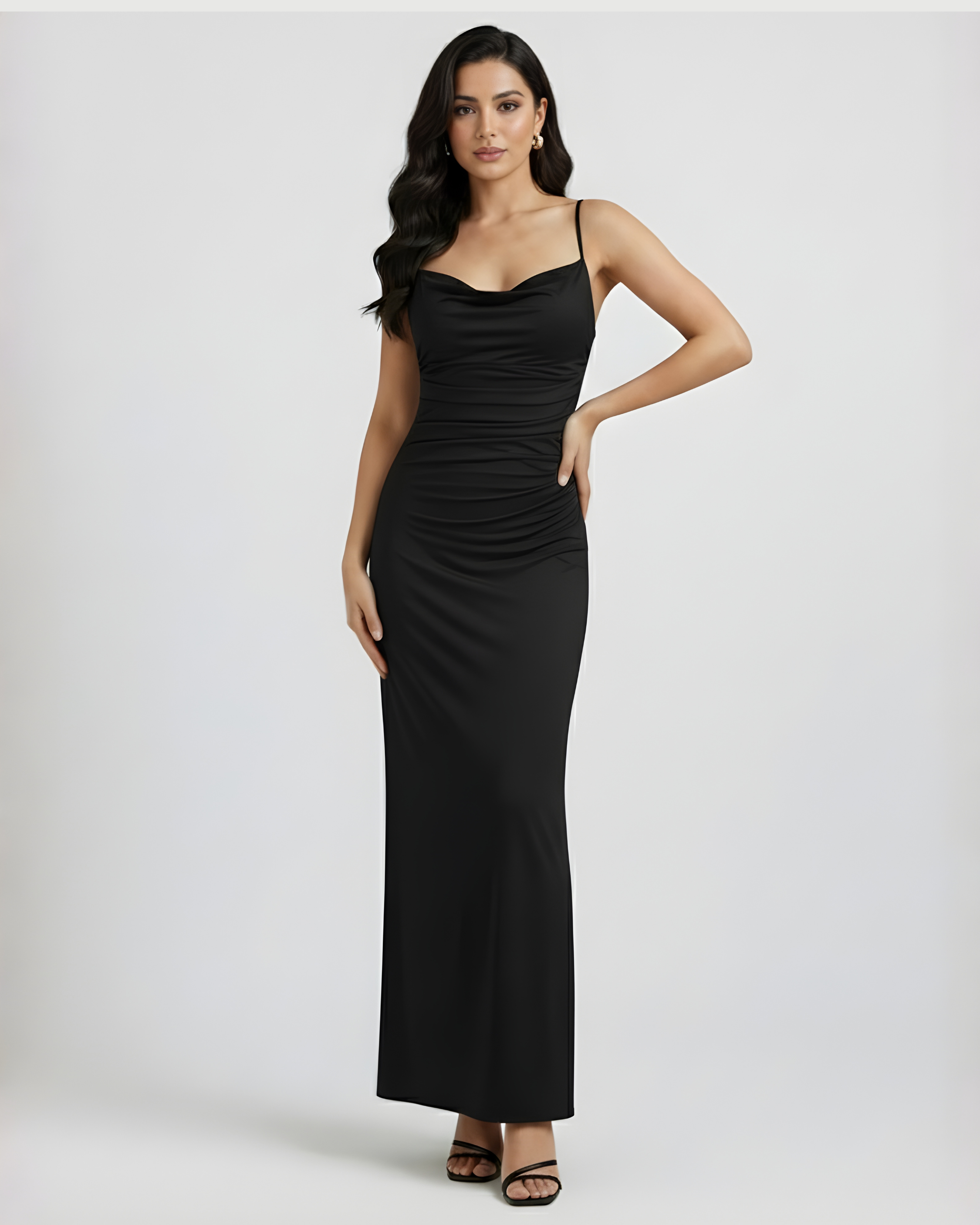 Sleek Cowl Neck Backless Maxi Gown - Black