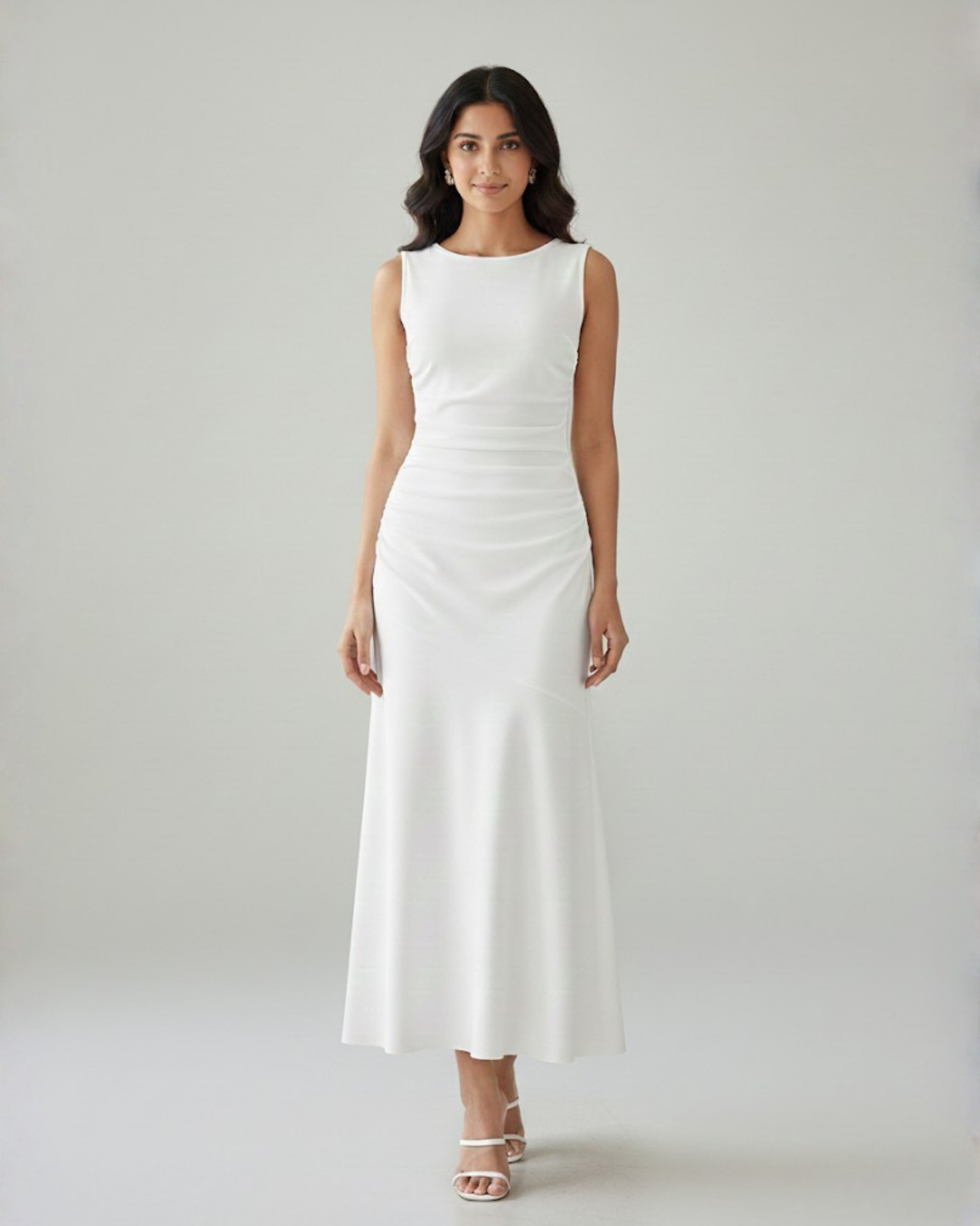 Classic Boat Neck Ruffle Maxi Dress - White