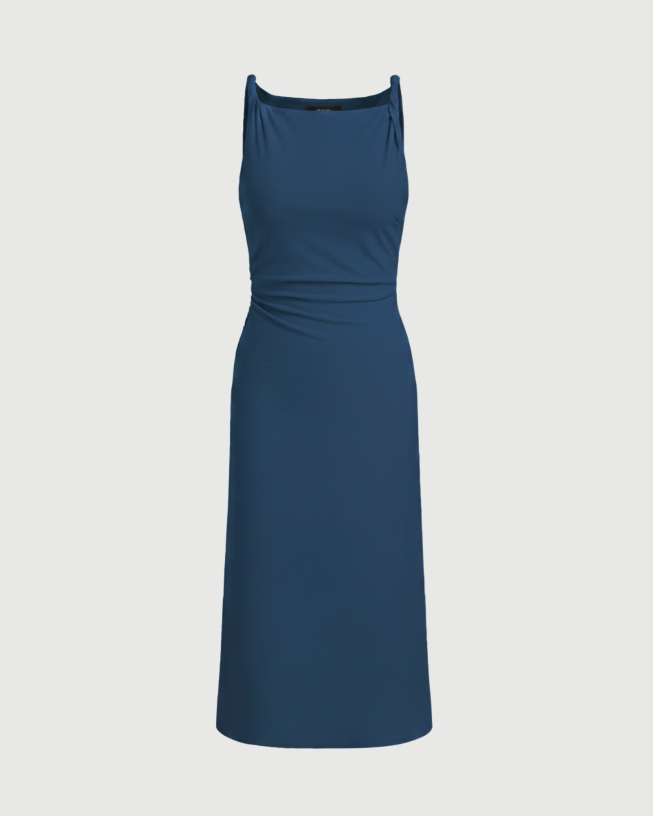 Boat Neck Twist Ruched Midi Dress- Blue