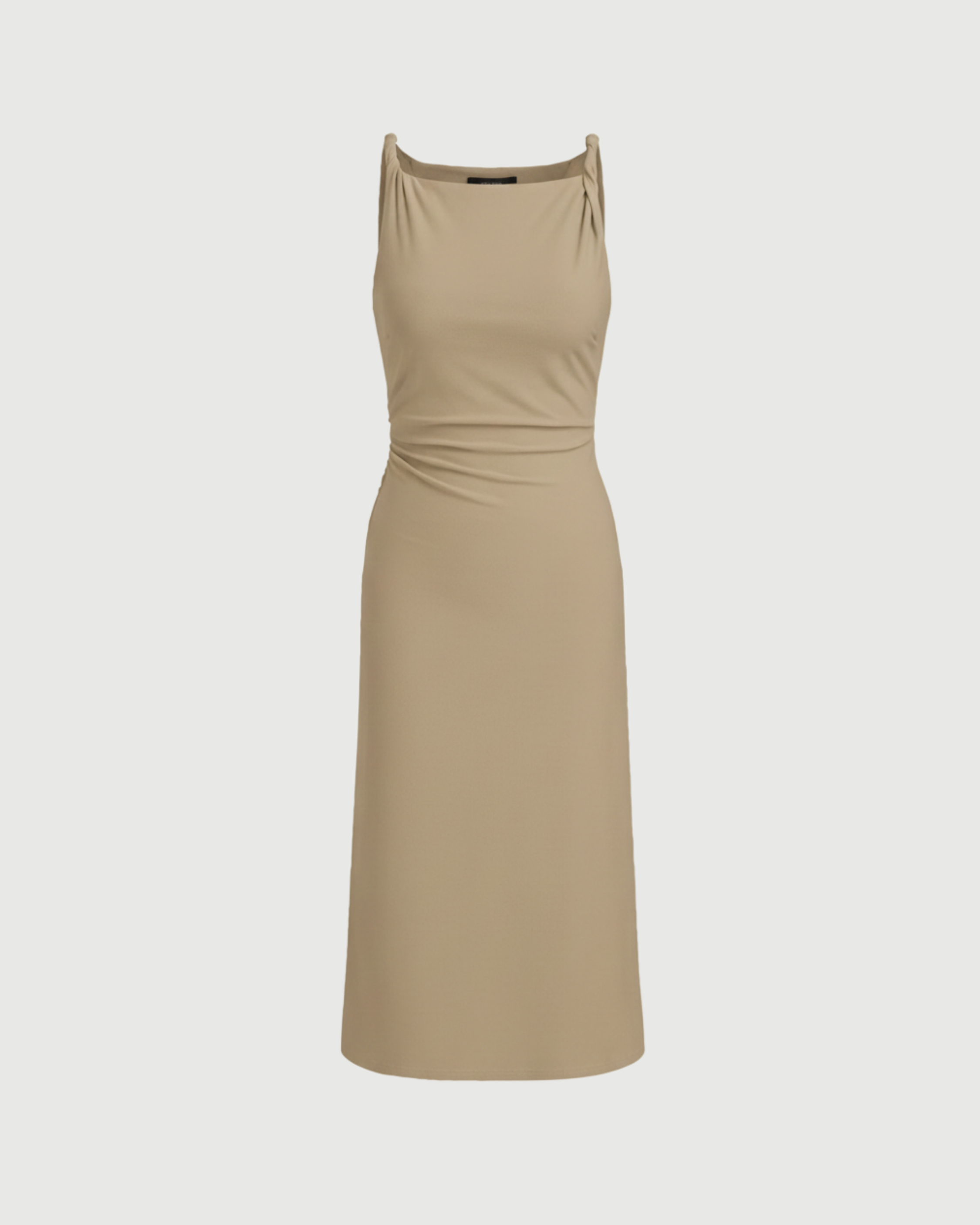 Boat Neck Twist Ruched Midi Dress- Cream
