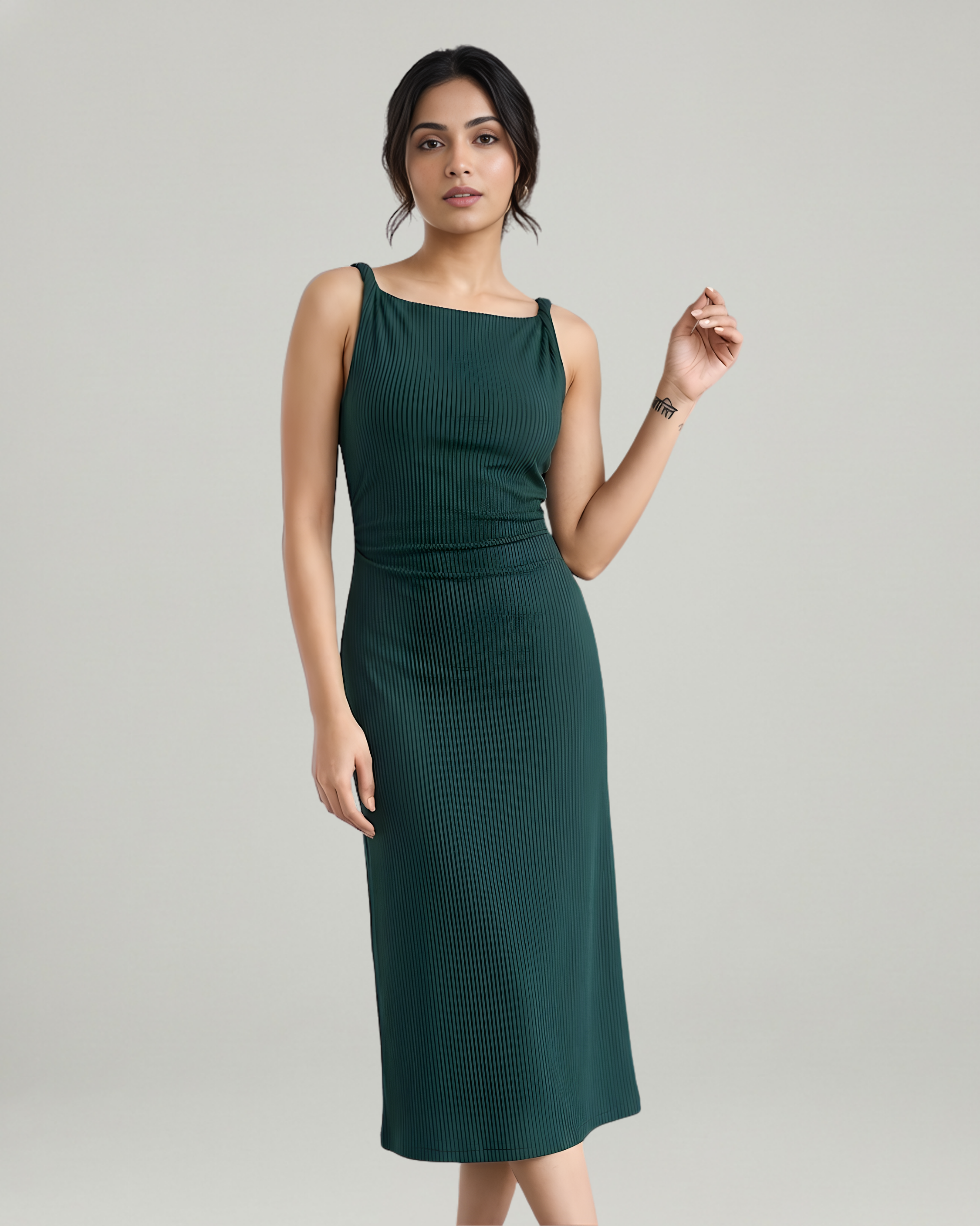 Boat Neck Twist Ruched Midi Dress- Dark Green