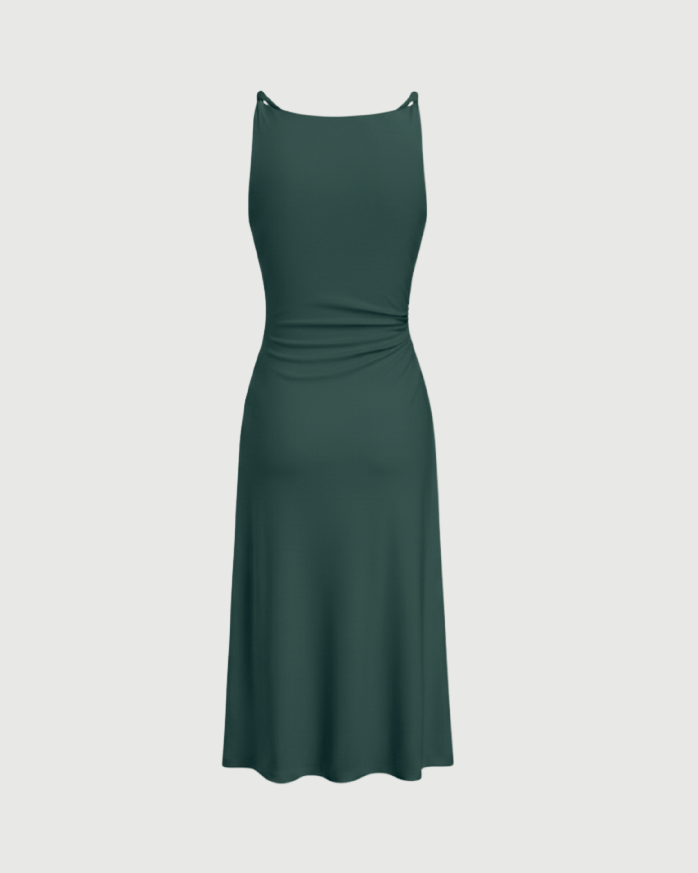 Boat Neck Twist Ruched Midi Dress- Dark Green