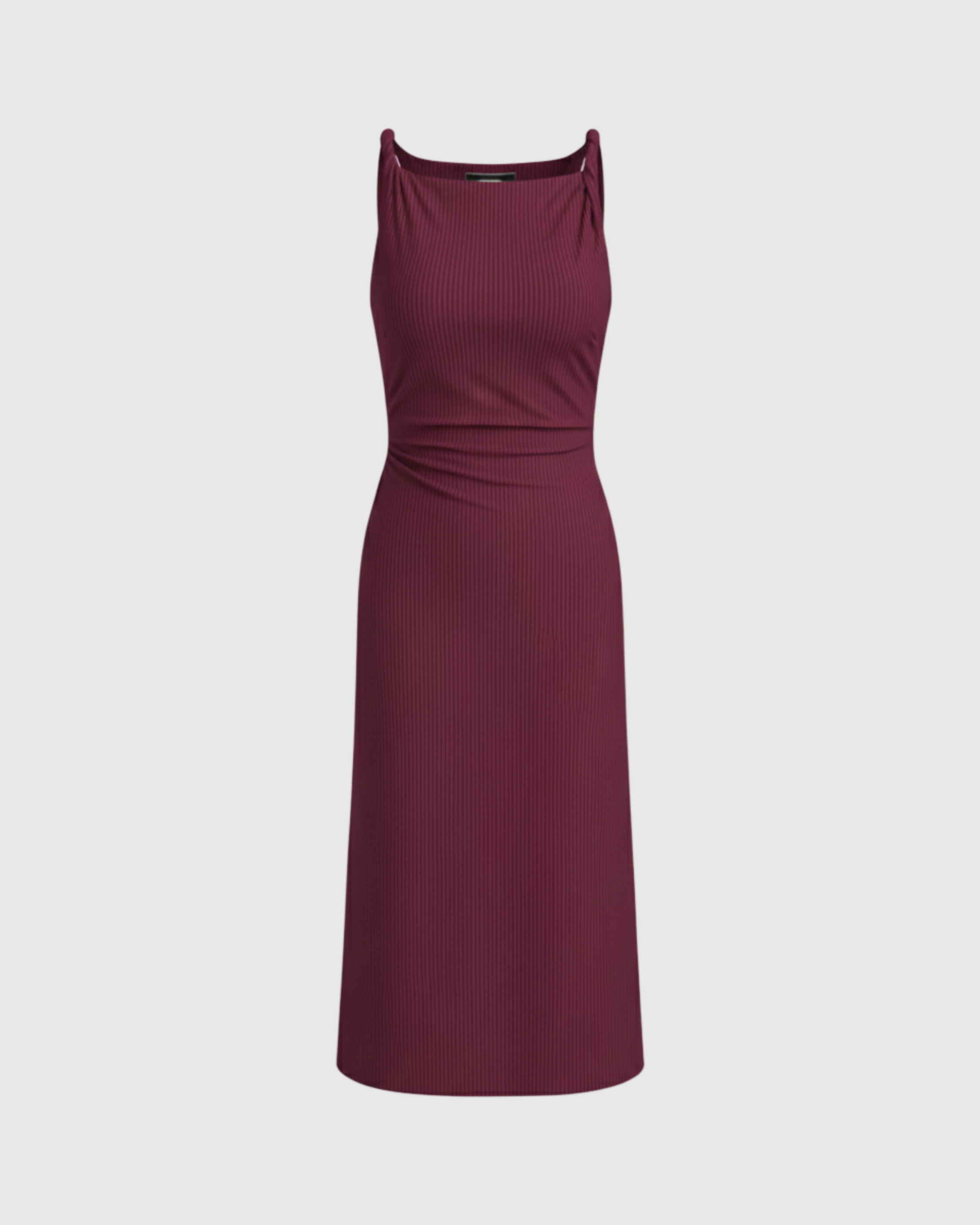 Boat Neck Twist Ruched Midi Dress- Maroon