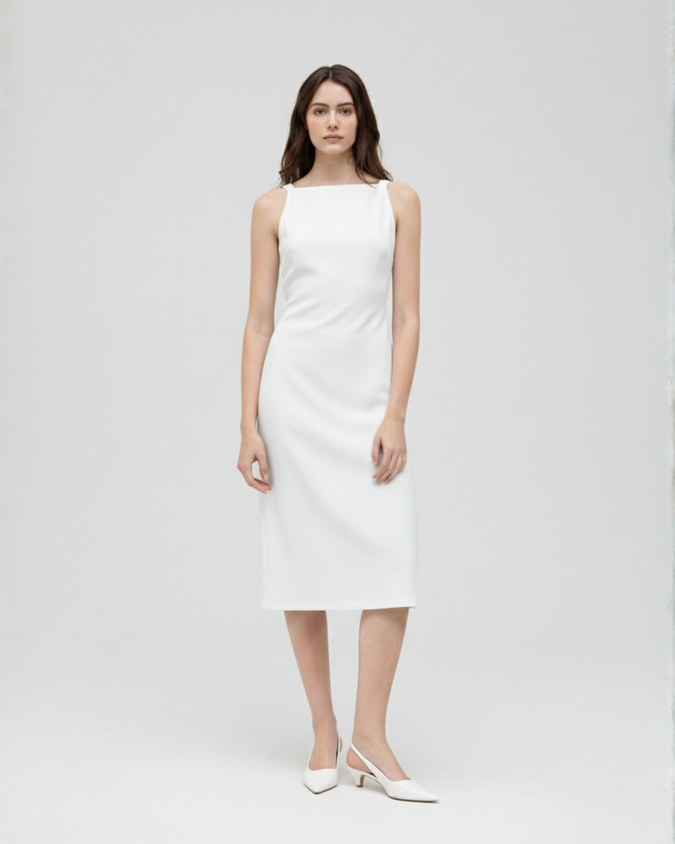 Boat Neck Twist Ruched Midi Dress - White